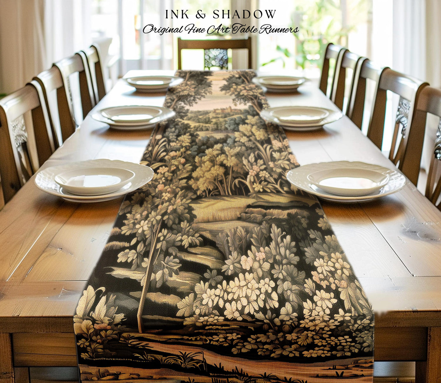 Medieval Meadow Table Runner | Rustic Fairytale Castle Landscape Woodland Fairy Folklore Princesscore Aesthetic Mystic Victorian Floral Home