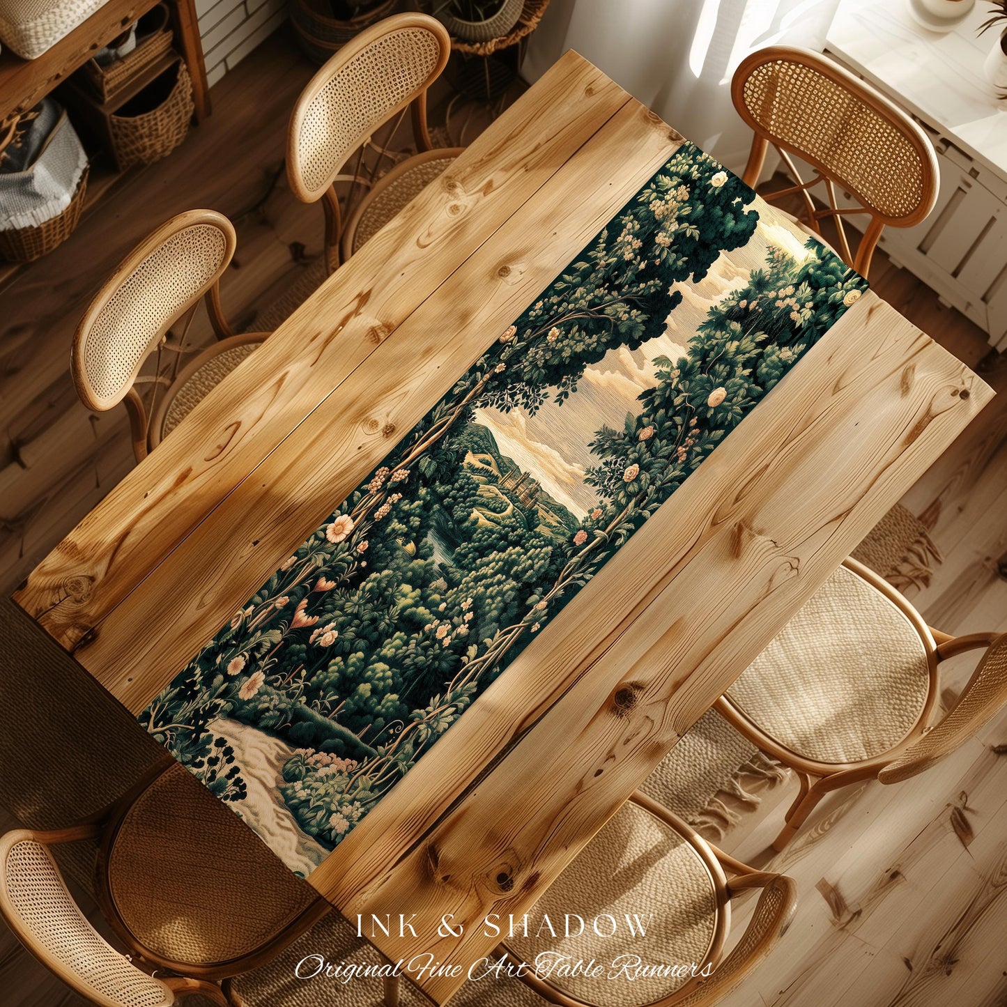 Rosy Forestcore Table Runner | Woodland Castle Dreamy Ethereal Dining Room Aesthetic Princess Housewarming Gift Woodland Medieval Botanical