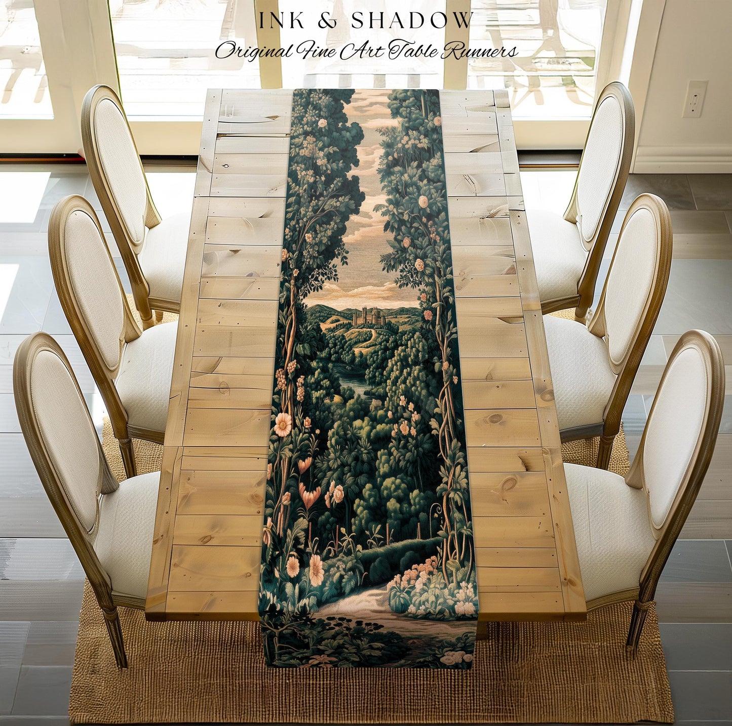 Rosy Forestcore Table Runner | Woodland Castle Dreamy Ethereal Dining Room Aesthetic Princess Housewarming Gift Woodland Medieval Botanical