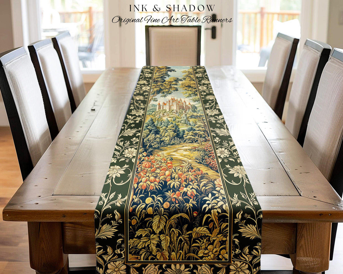 Mystic Castle Book Nook Table Runner Ethereal Fairycore Folklore Aesthetic | Magical Woodland Botanical Linens Dark Academia Indie Decor |