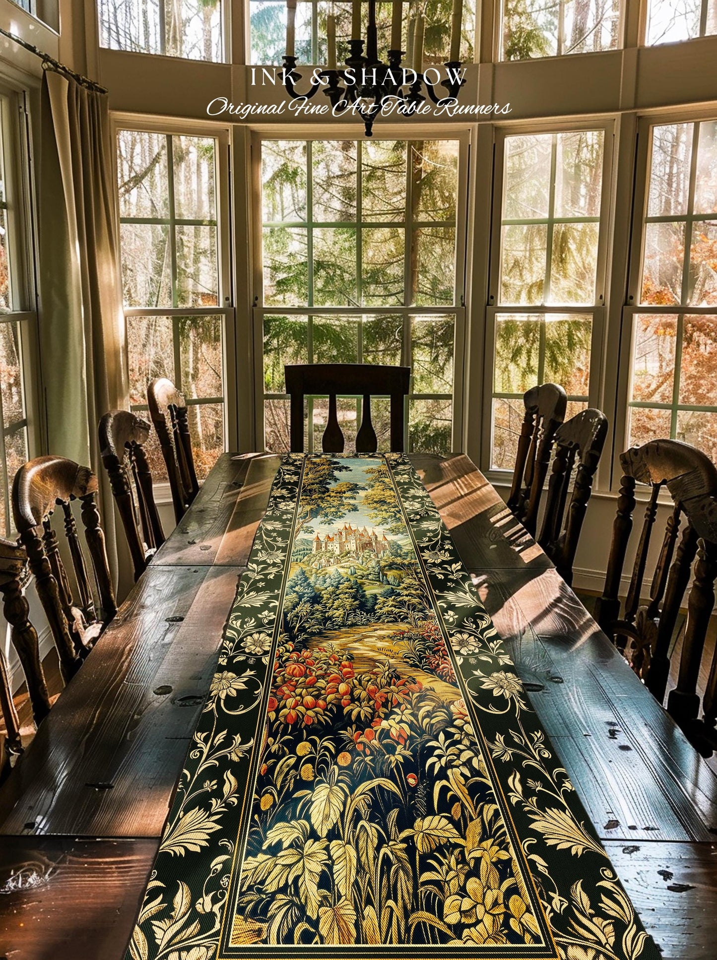 Mystic Castle Book Nook Table Runner Ethereal Fairycore Folklore Aesthetic | Magical Woodland Botanical Linens Dark Academia Indie Decor |