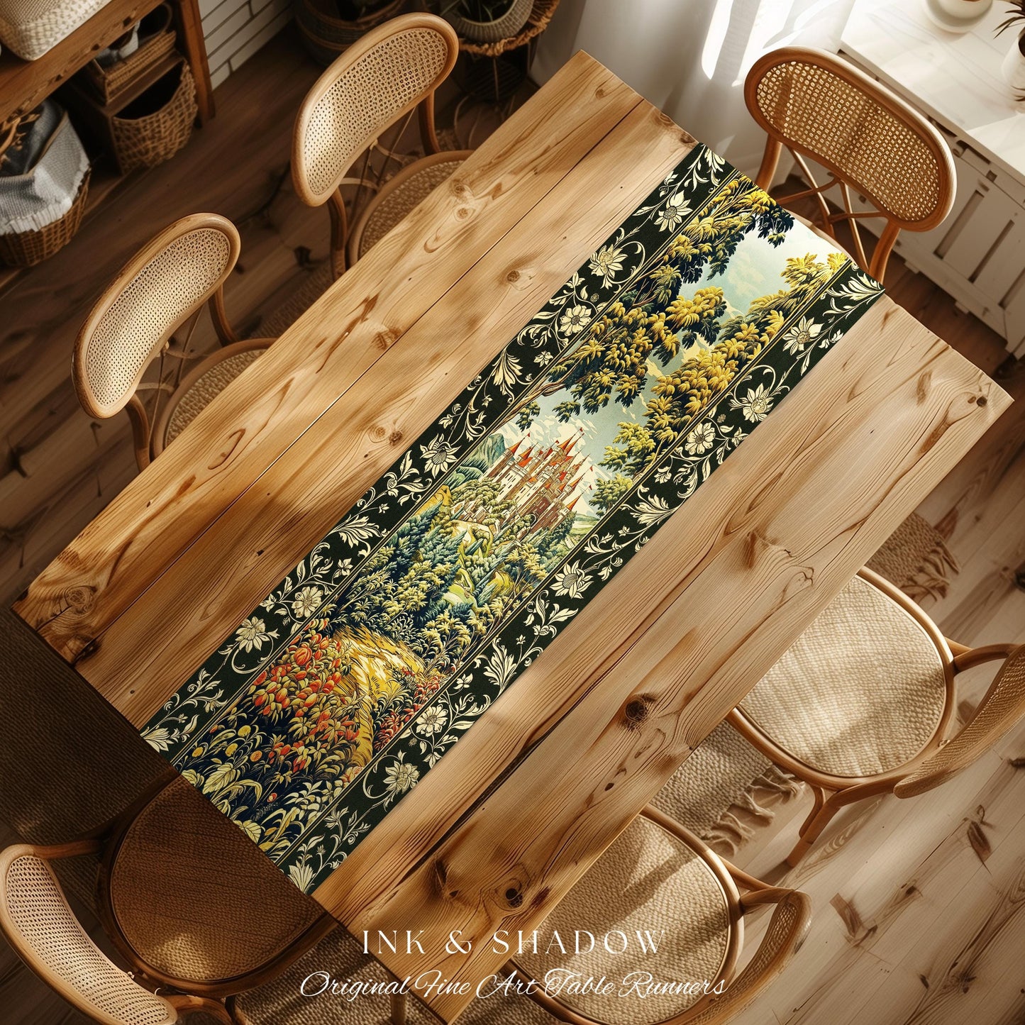 Mystic Castle Book Nook Table Runner Ethereal Fairycore Folklore Aesthetic | Magical Woodland Botanical Linens Dark Academia Indie Decor |