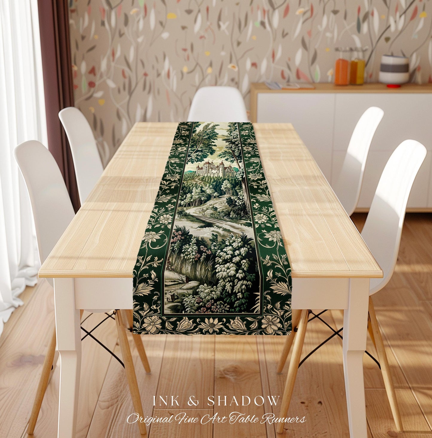 Medieval Castle Woodland Forest Table Runner Forestcore Dark Academia Fairytale Decor | Fairycore Magical Emerald Green Landscape Botanical