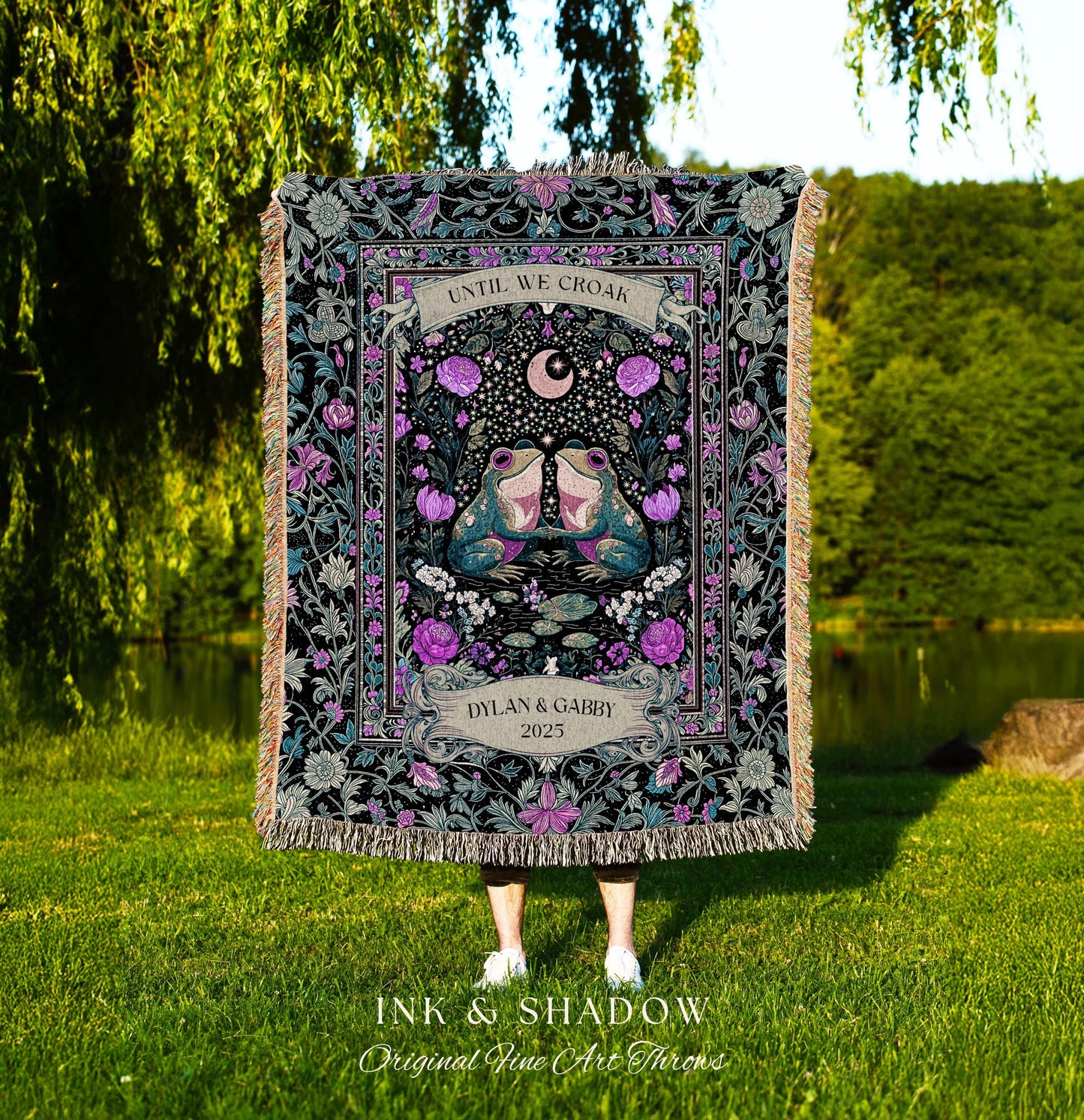 Cute Boho Personalized Frog Couple Blanket | Whimsical Sentimental Gift Custom Tapestry Forestcore Wedding Cottagecore Until we Croak Toad |