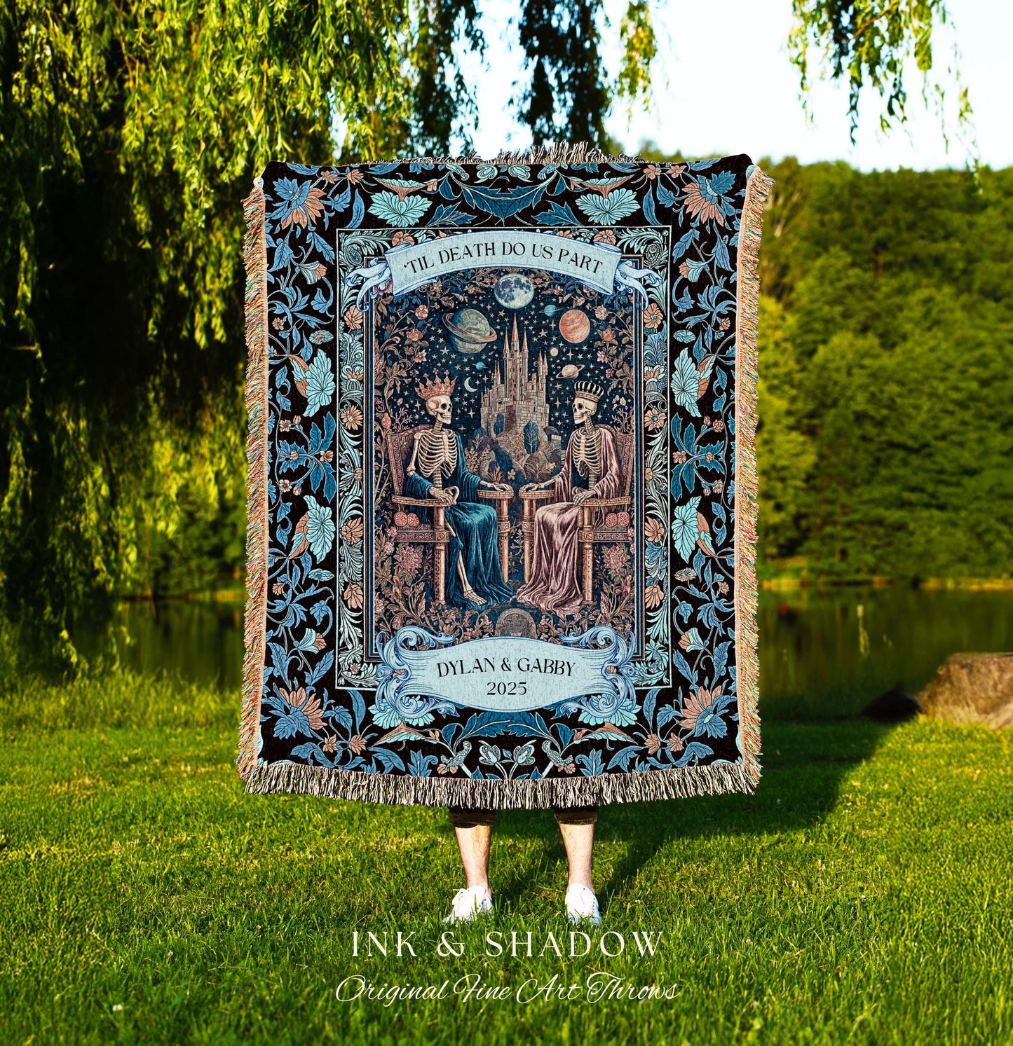 Custom His & Her Skeleton Lovers Blanket | Gothic Aesthetic Royal Romance Baroque Fantasy Cosmic Pastel Whimsical Couple Personalized Throw
