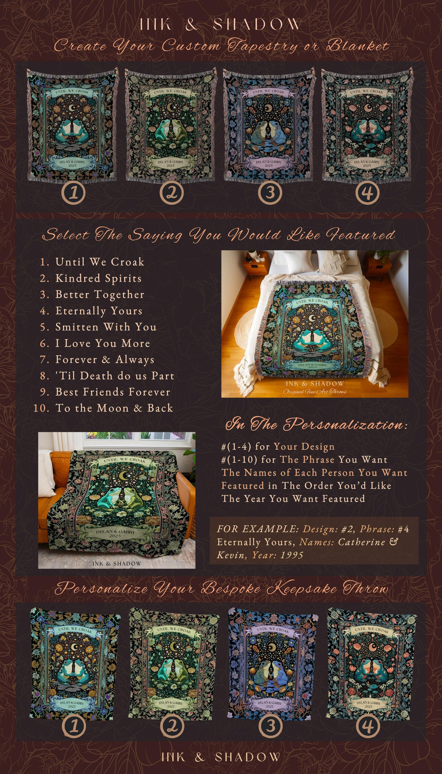 Frog and Toad Celestial Lovers Tapestry | Dark Cottagecore Whimsigoth Couple Goblincore Wedding Anniversary Mystic Theme Botanical Folklore