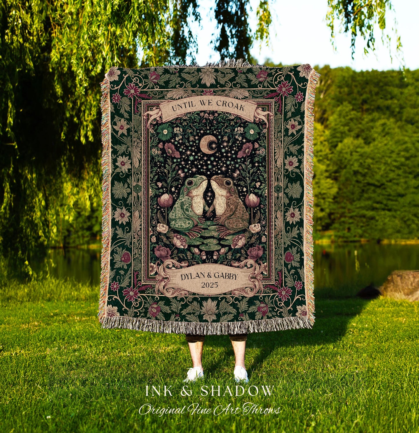 Whimsical Floral Custom Frog Couple Throw | Fairycore Aesthetic Cottagecore Personalized Frog Lovers Gift Until we Croak Botanical Aesthetic