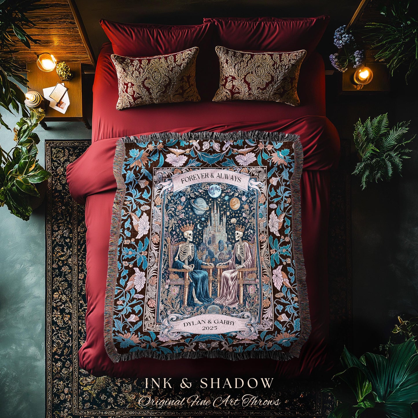 Anniversary Blanket Skeleton Royals Throw | Castle Couple Celestial Gothic Moonlit Fairytale Personalized Baroque Crowned Lovers Custom Art