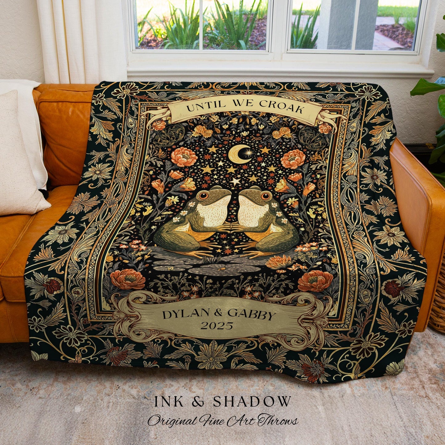 Custom Folklore Frog Couple Blanket | Scandi Bohemian Anniversary Gift Whimsical Eclectic Woodland Wedding Cute Cottagecore Mushroomcore Art