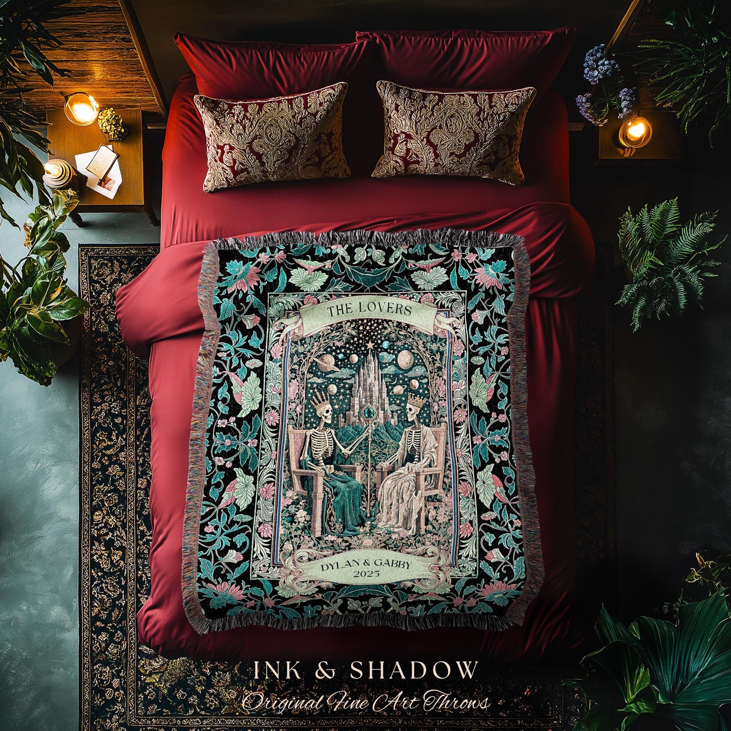 Gothic Lovers Personalized Skeleton Blanket | Celestial Crowned Witchy Whimsical Magic Fantasy Throw Fairytale Mystical Royal Couple Custom