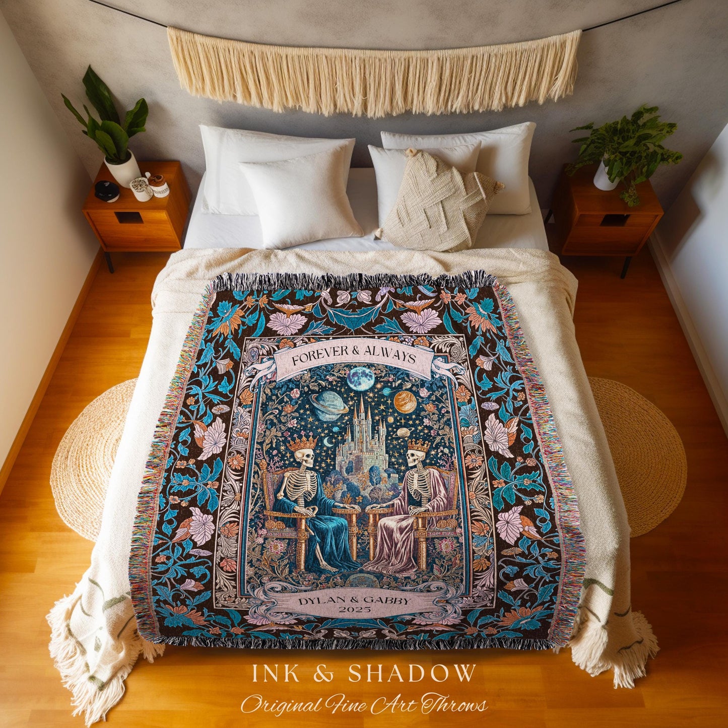 Anniversary Blanket Skeleton Royals Throw | Castle Couple Celestial Gothic Moonlit Fairytale Personalized Baroque Crowned Lovers Custom Art