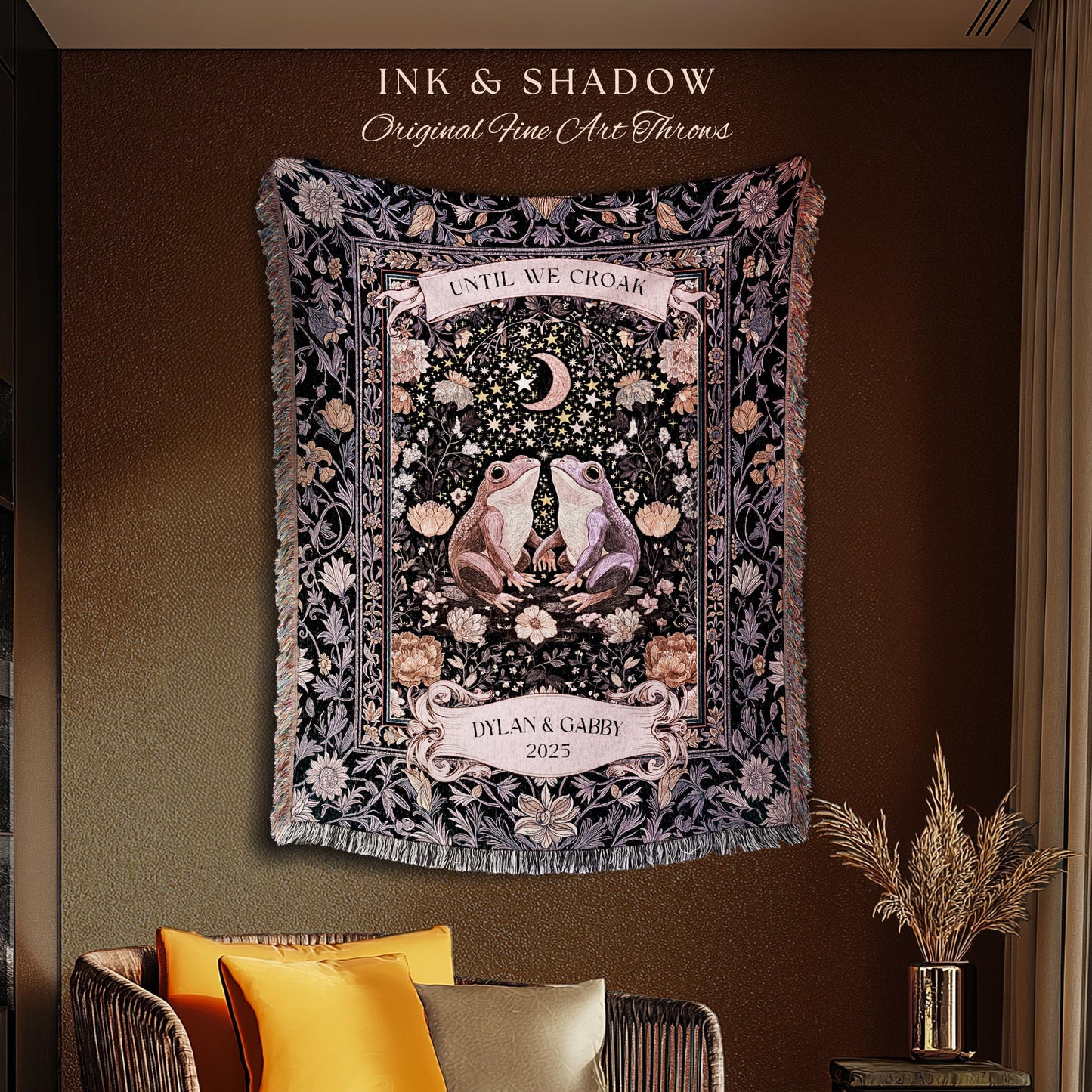 Soft Fairycore Frog Couple Custom Throw | Purple Whimsical Personalized Anniversary Cottagecore Aesthetic Until We Croak Wedding Blanket |