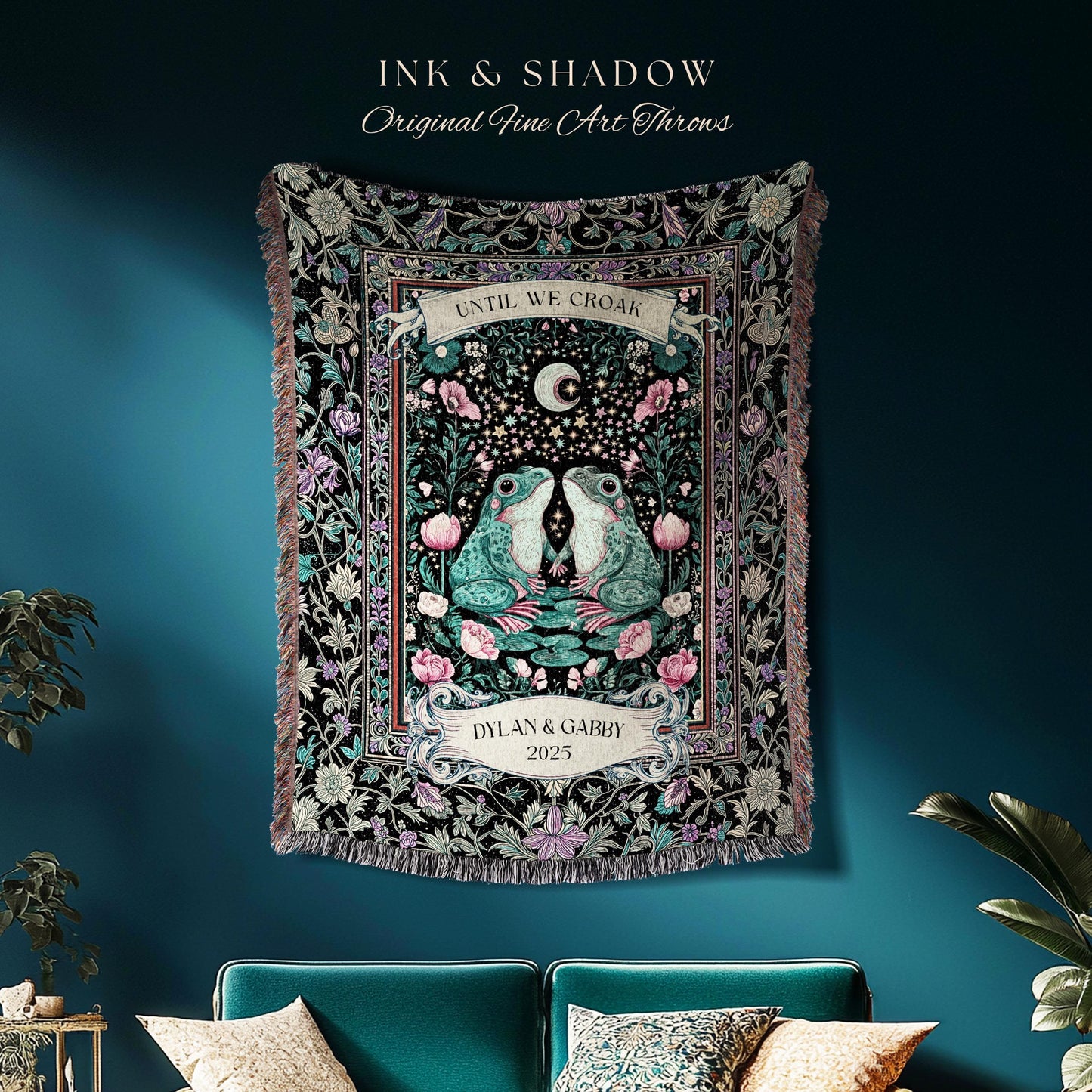 Eclectic Floral Custom Frog Couple Throw | Forestcore Aesthetic Until we Croak Cute Cottagecore Woven Tapestry Whimsy Mystical Fairycore |