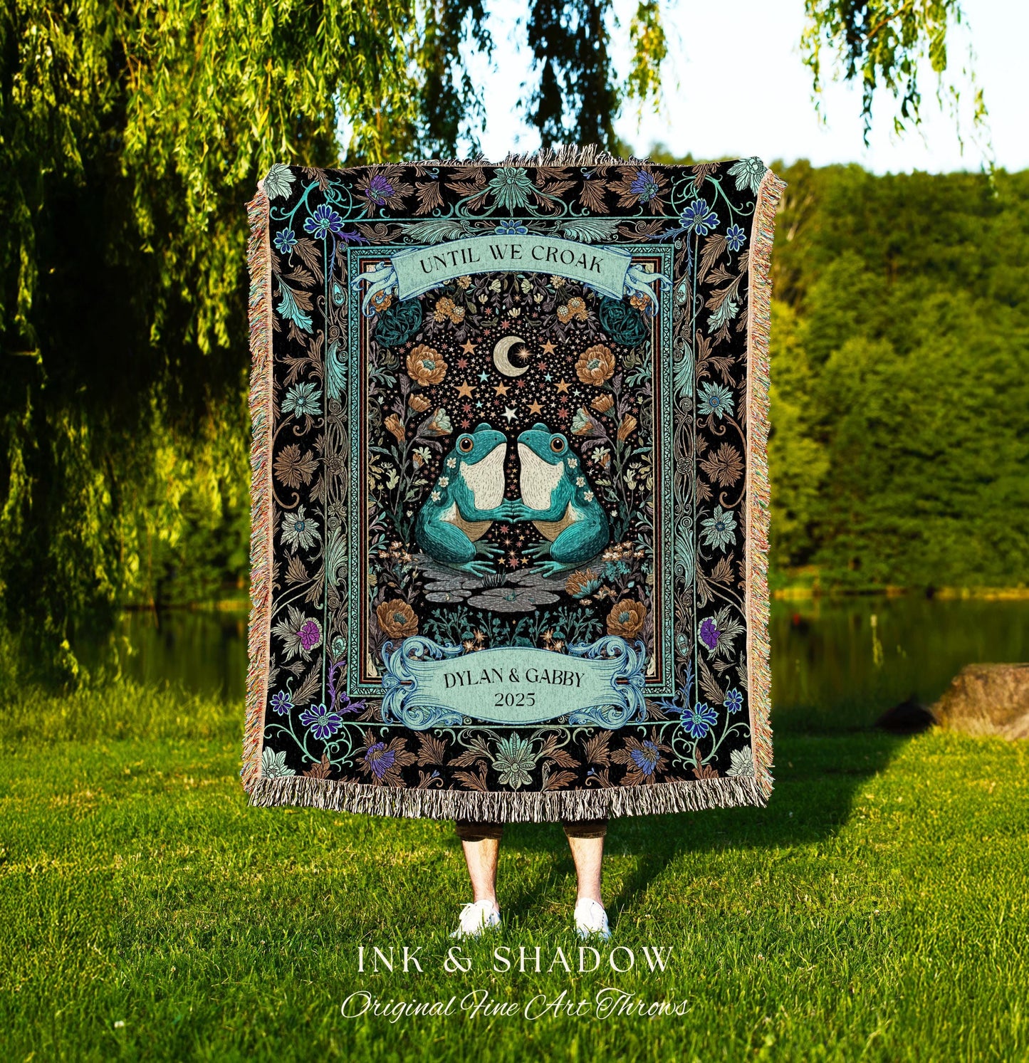 Frog and Toad Celestial Lovers Tapestry | Dark Cottagecore Whimsigoth Couple Goblincore Wedding Anniversary Mystic Theme Botanical Folklore