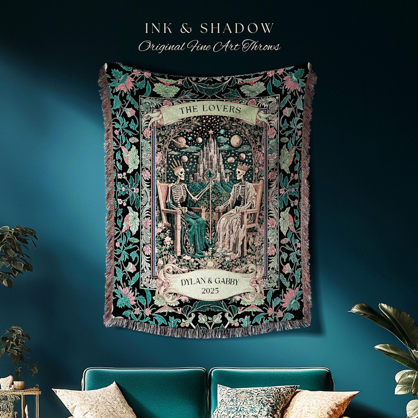Gothic Lovers Personalized Skeleton Blanket | Celestial Crowned Witchy Whimsical Magic Fantasy Throw Fairytale Mystical Royal Couple Custom