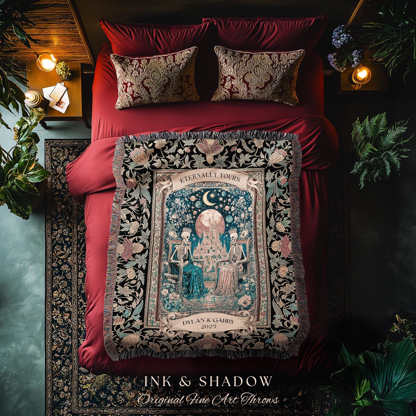 Golden Custom Skeleton Couple Throw | Celestial Personalized Gothic Lovers Moonlit Romantic Baroque Floral Gothic Fairytale Magic Blanket |