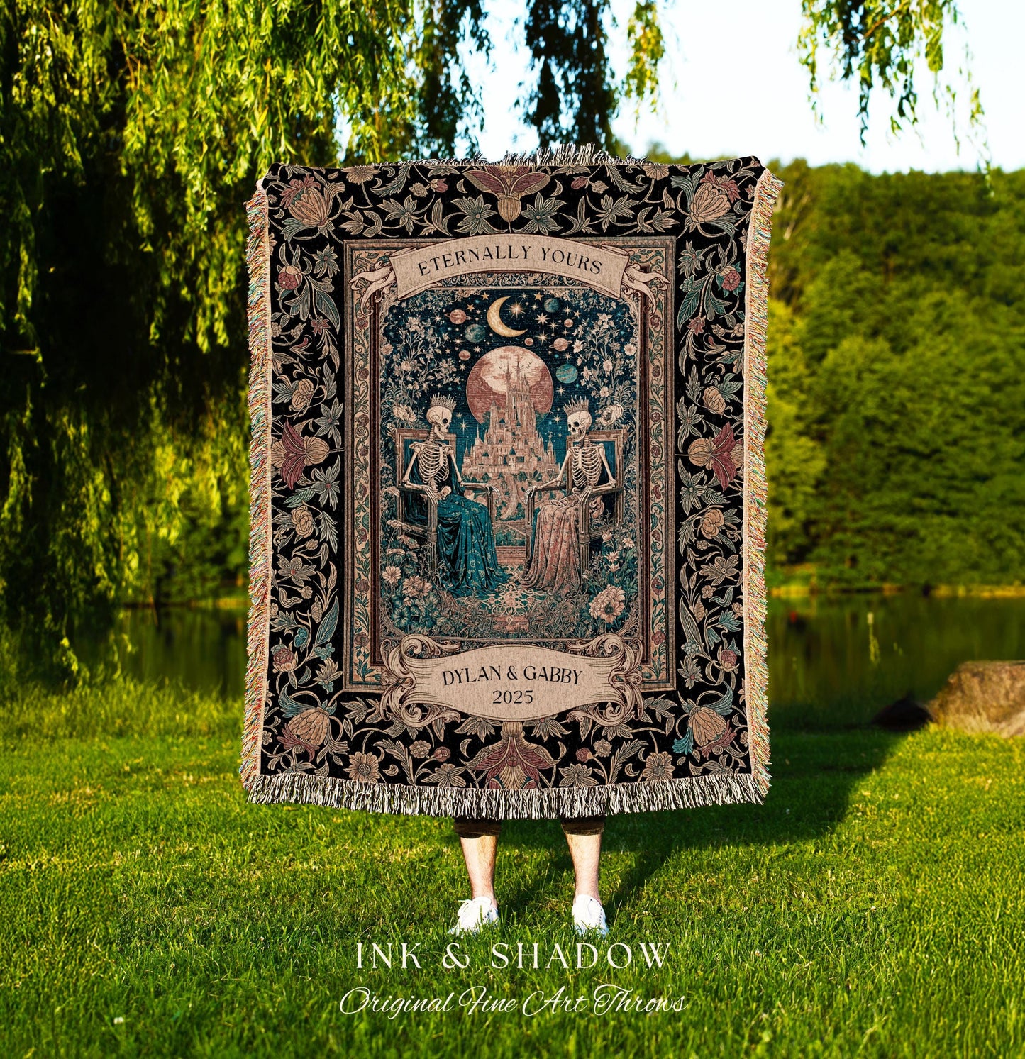 Golden Custom Skeleton Couple Throw | Celestial Personalized Gothic Lovers Moonlit Romantic Baroque Floral Gothic Fairytale Magic Blanket |