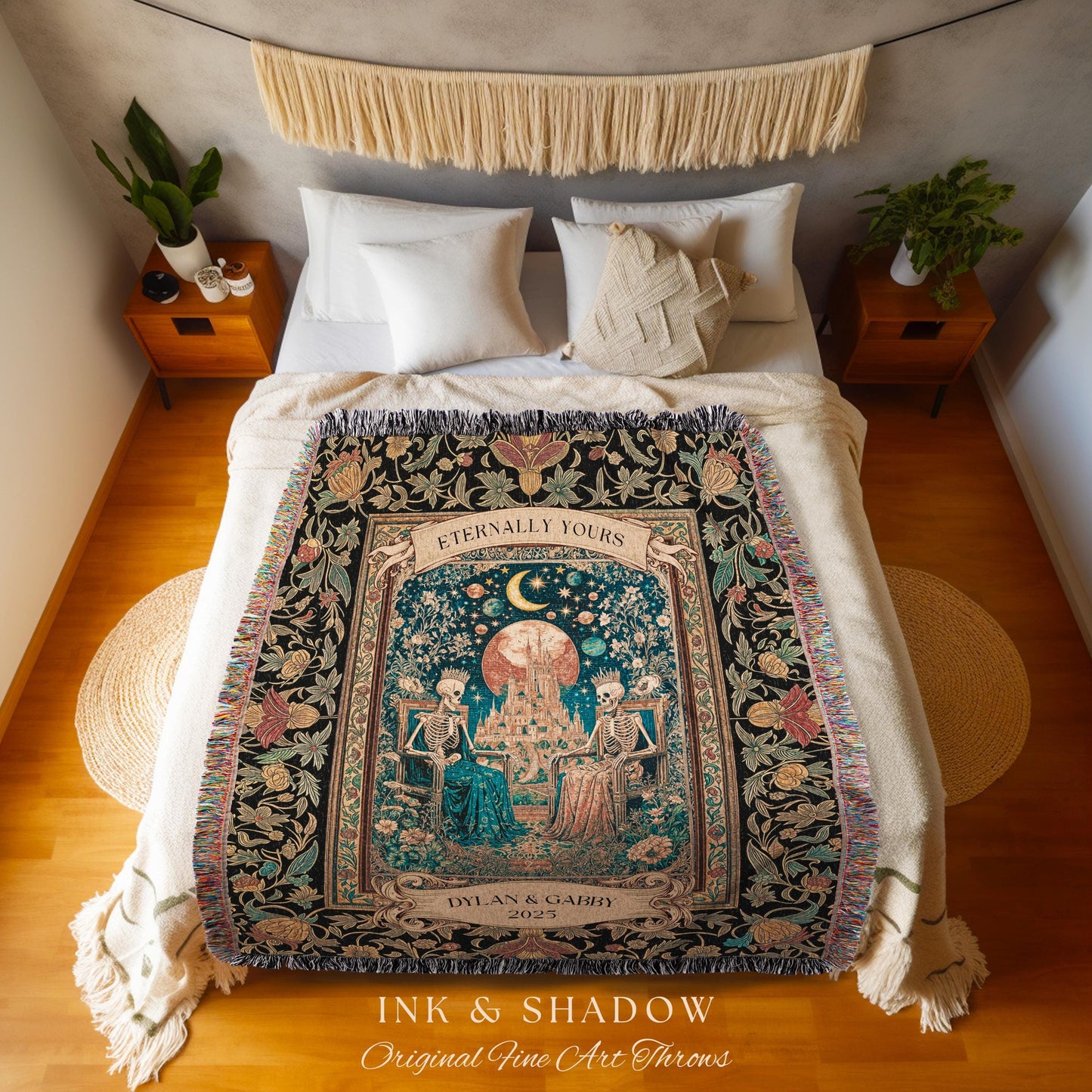 Golden Custom Skeleton Couple Throw | Celestial Personalized Gothic Lovers Moonlit Romantic Baroque Floral Gothic Fairytale Magic Blanket |