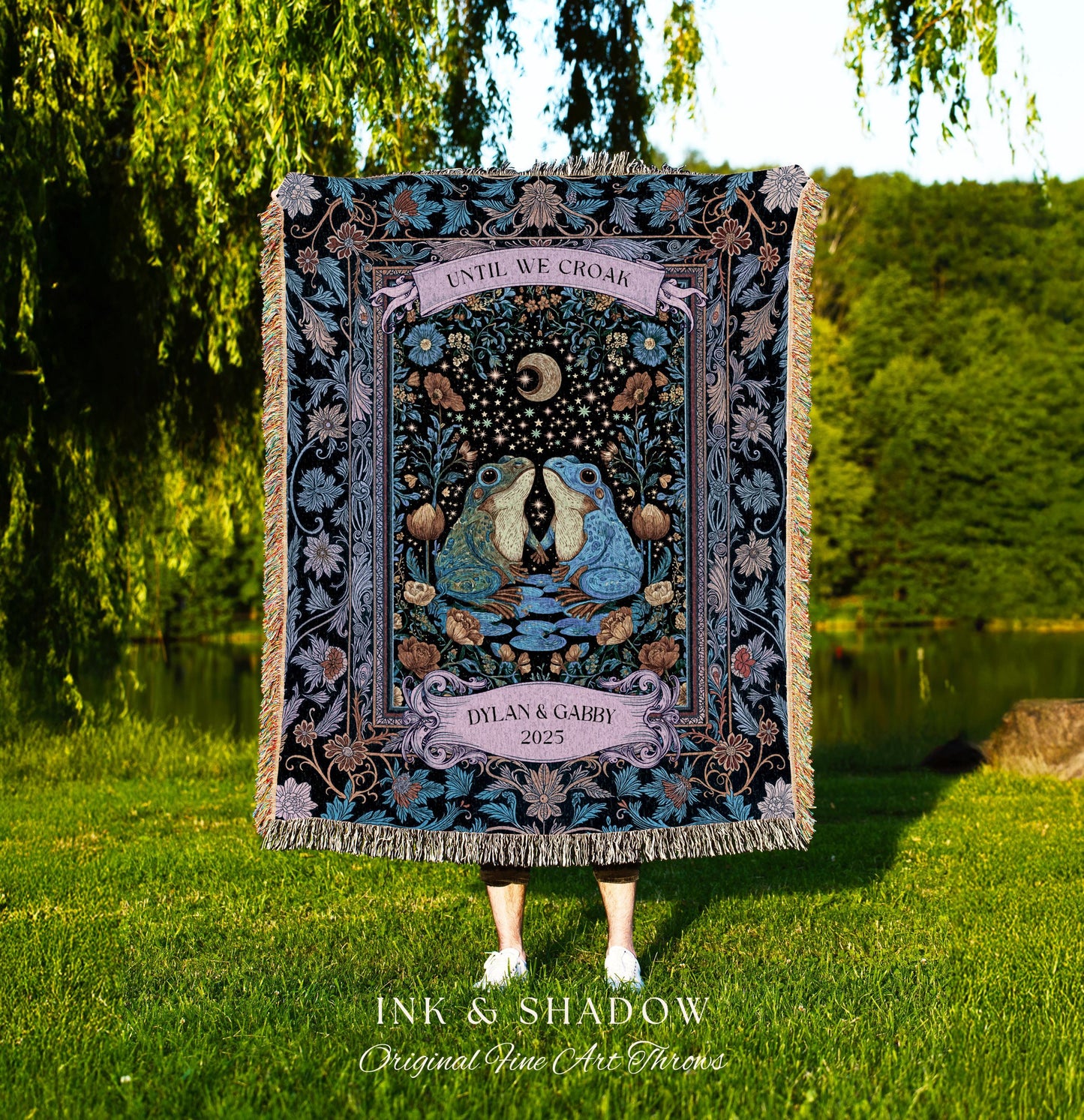 Magical Frog Lovers Personalized Throw | Whimsical Couple Enchanted Forestcore Wedding Mystical Fantasy Aesthetic Goblincore Forest Blanket