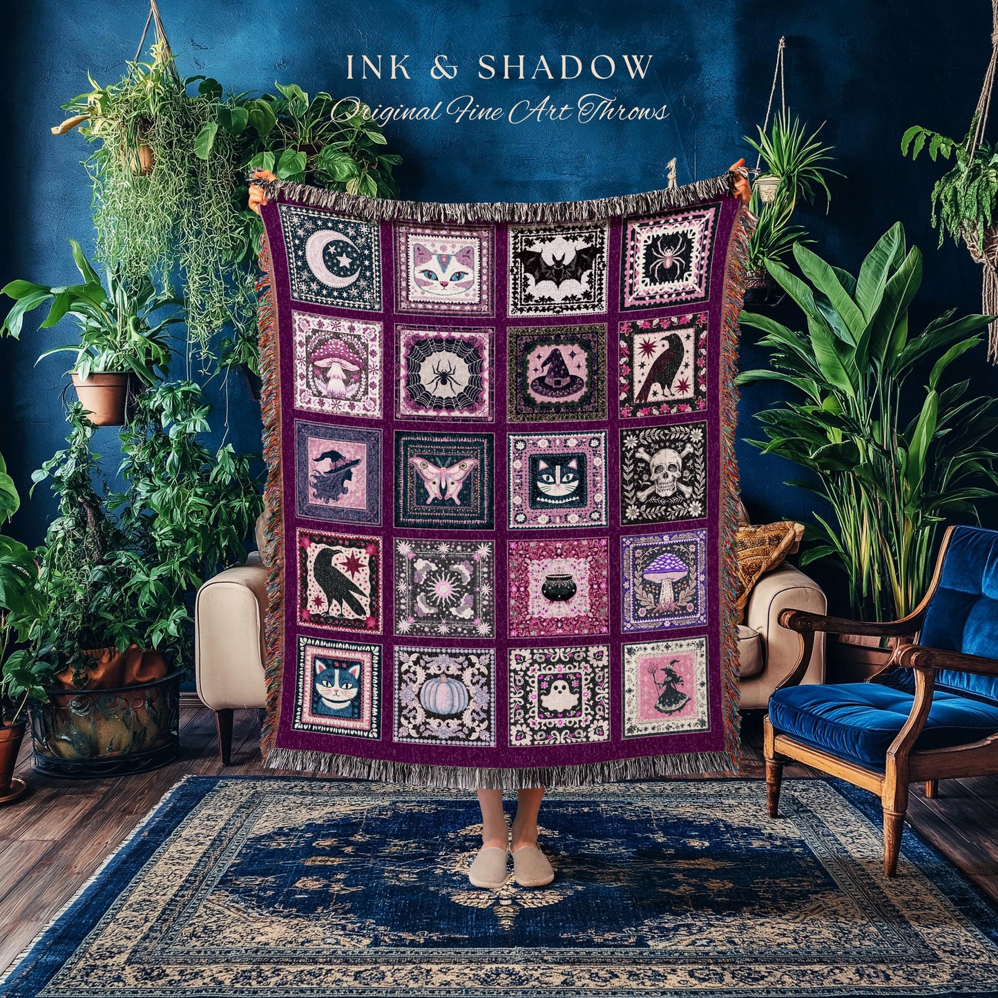 Autumnal Whimsy Purple Throw Blanket | Cozy Gothic Witchcore Decor Dark Academia Accent Halloween Tapestry Gift for Cute Bedroom Style Retro