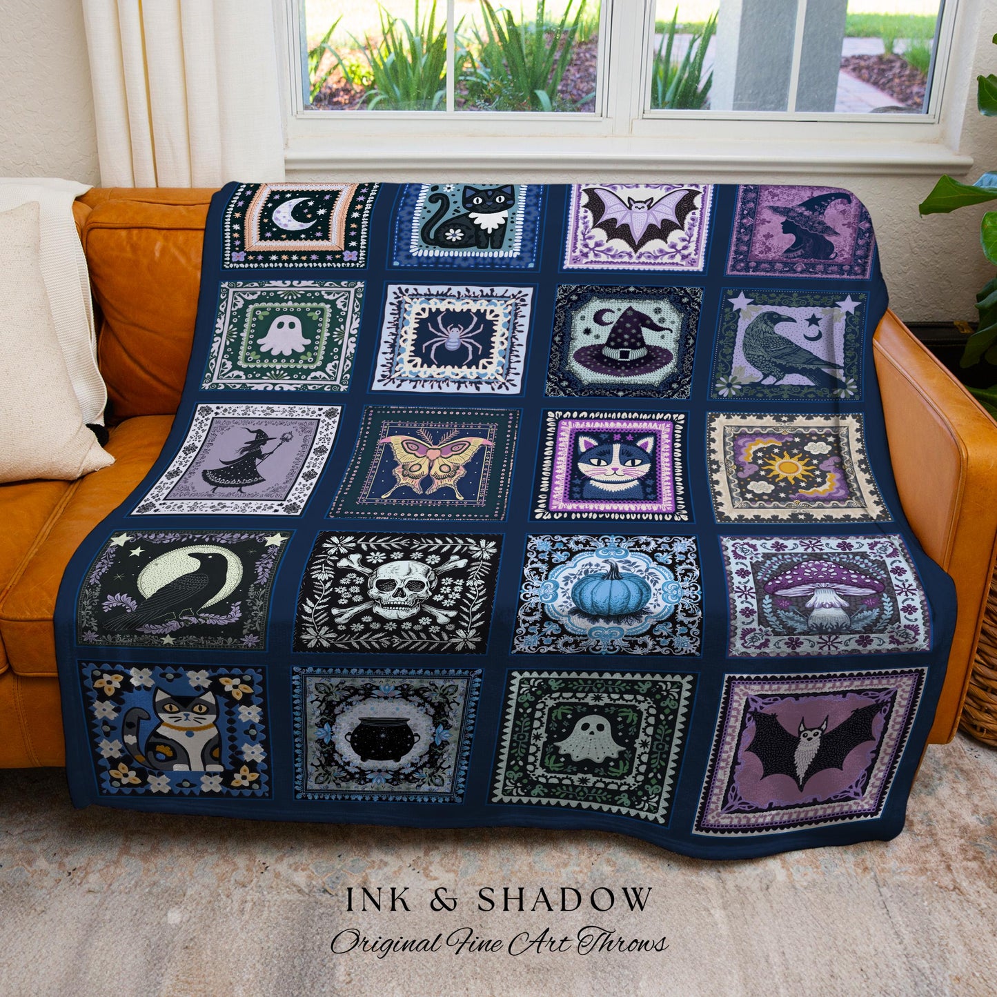 Celestial Blue Halloween Magic Blanket | Whimsical Witchcore Woven Throw Cozy Boho Fairycore Decor Spooky Season Bedroom Tapestry Cute Goth