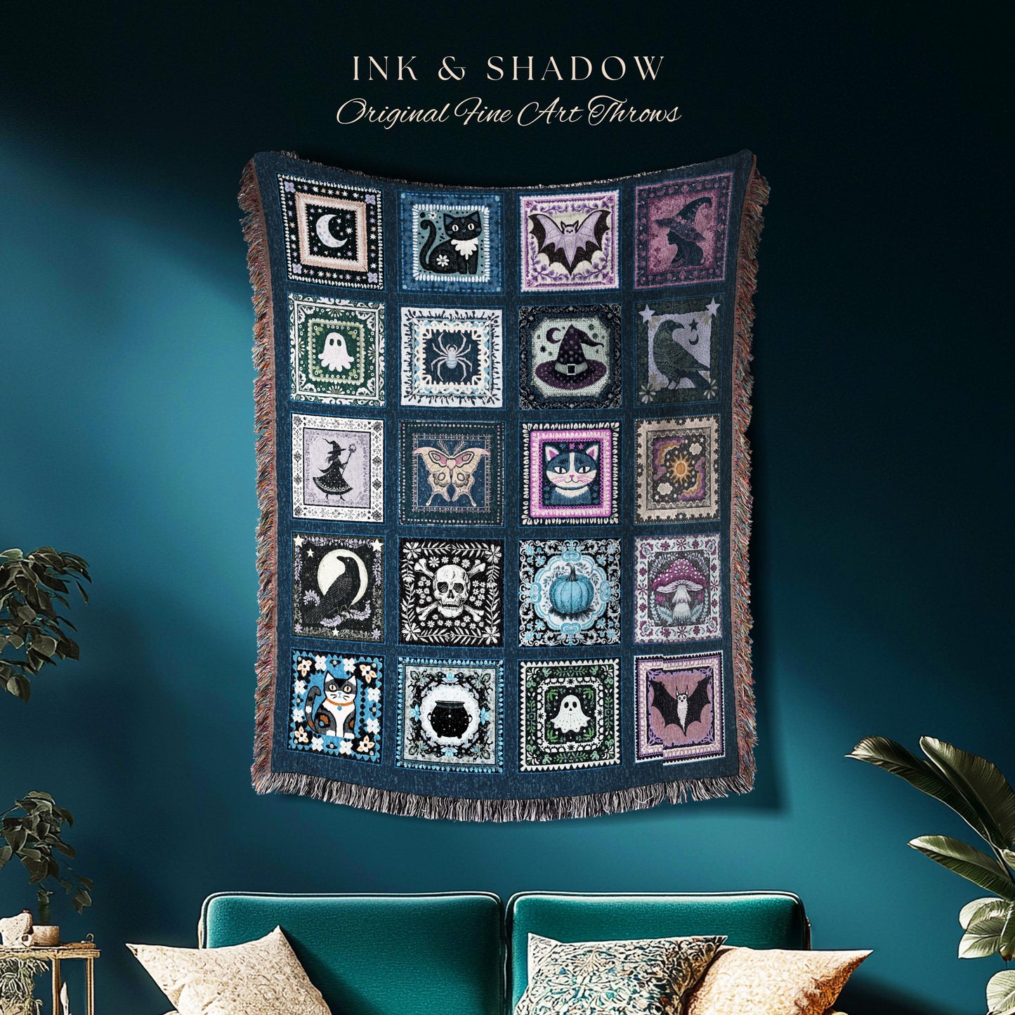 Celestial Blue Halloween Magic Blanket | Whimsical Witchcore Woven Throw Cozy Boho Fairycore Decor Spooky Season Bedroom Tapestry Cute Goth
