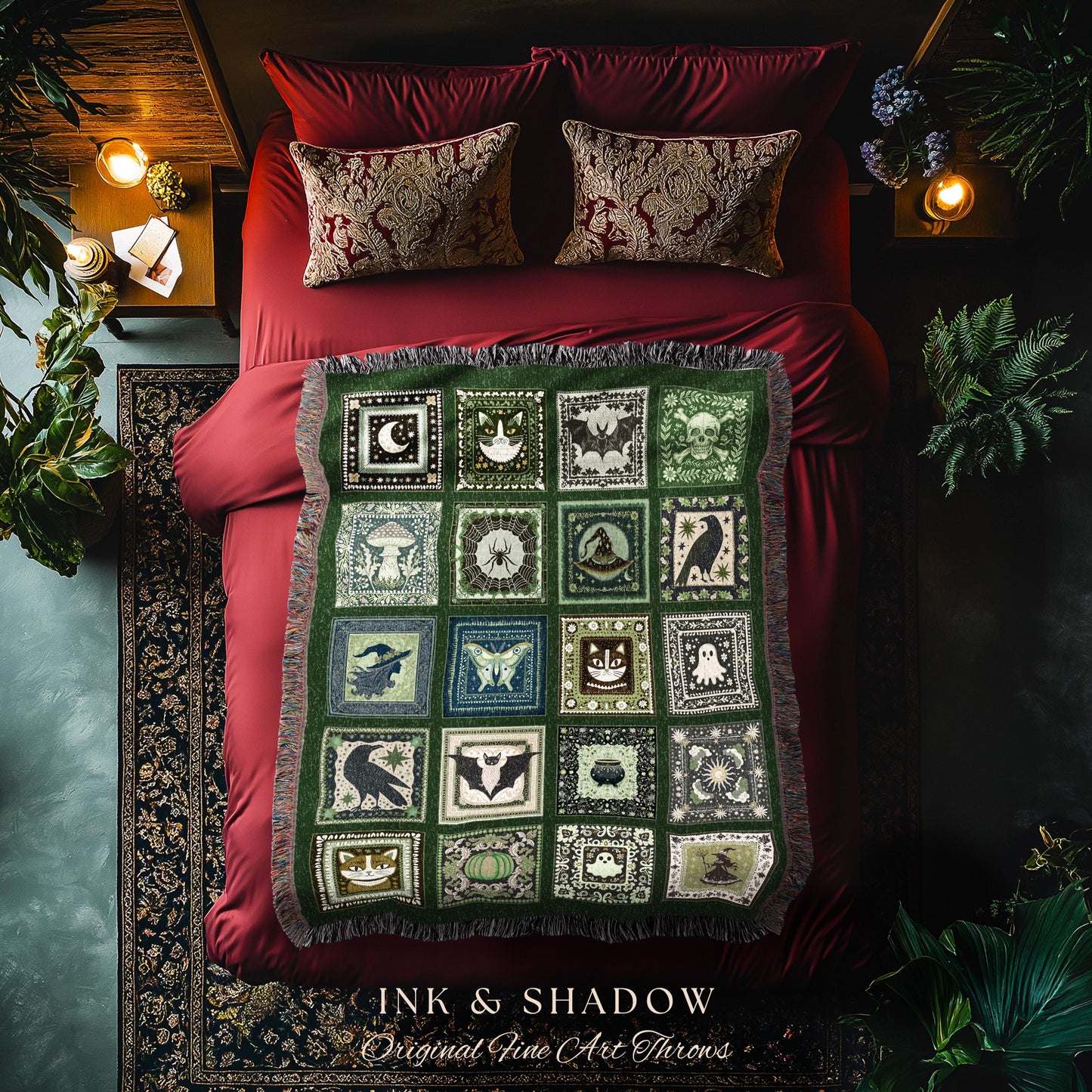 Emerald Green Boho Halloween Blanket | Witchcore Ghost Woven Throw Cozy Bedroom Accent Spooky Season Decor Whimsigoth Gift for Gothic Style