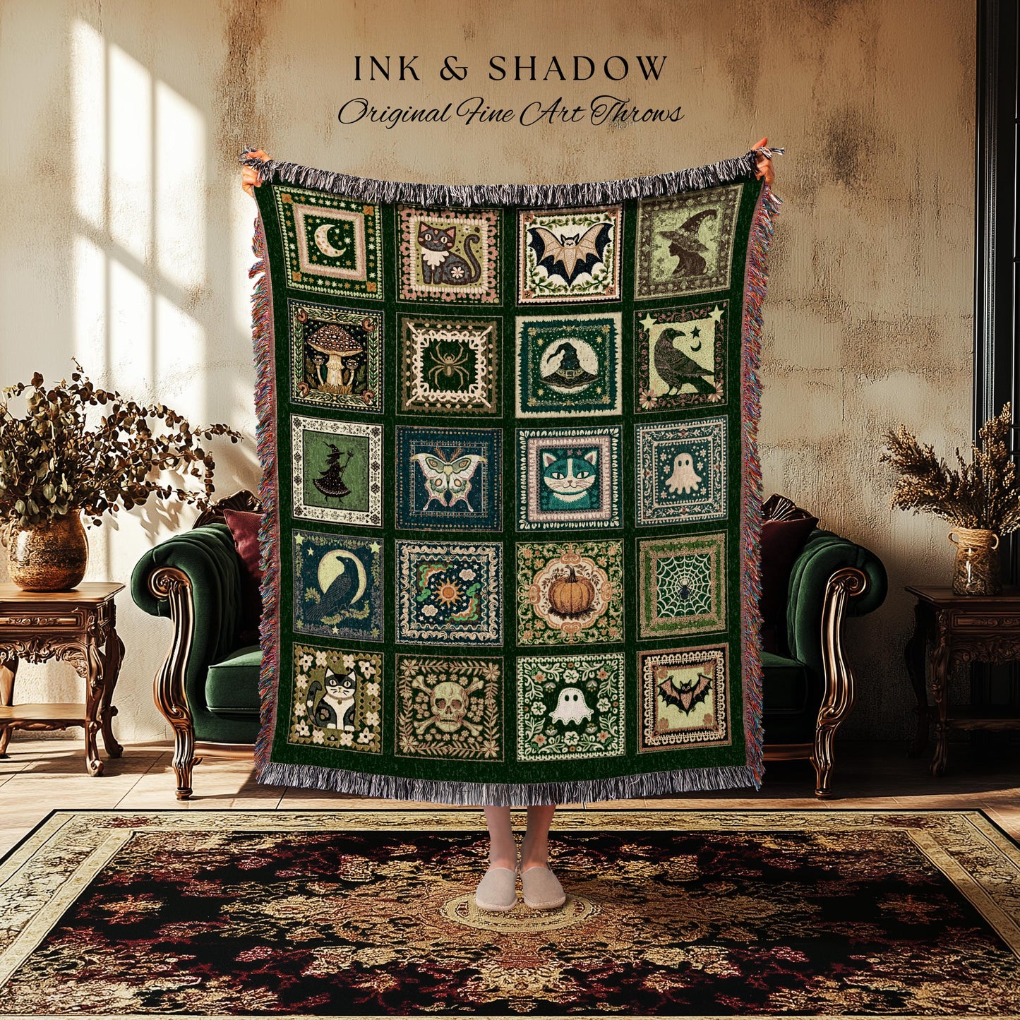 Boho Autumn Witchy Cozy Throw Blanket | Halloween Cozy Bedroom Decor Whimsigoth Tapestry Gothic Green Accent Spooky Gift Fairycore Grunge |