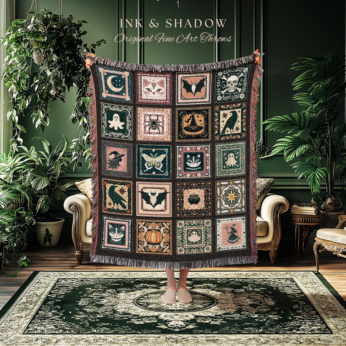 Retro Whimsigothic Spooky Throw Cute | Dark Academia Blanket Boho Halloween Tapestry Whimsigothic Pumpkin Season Aesthetic Gift for Goths