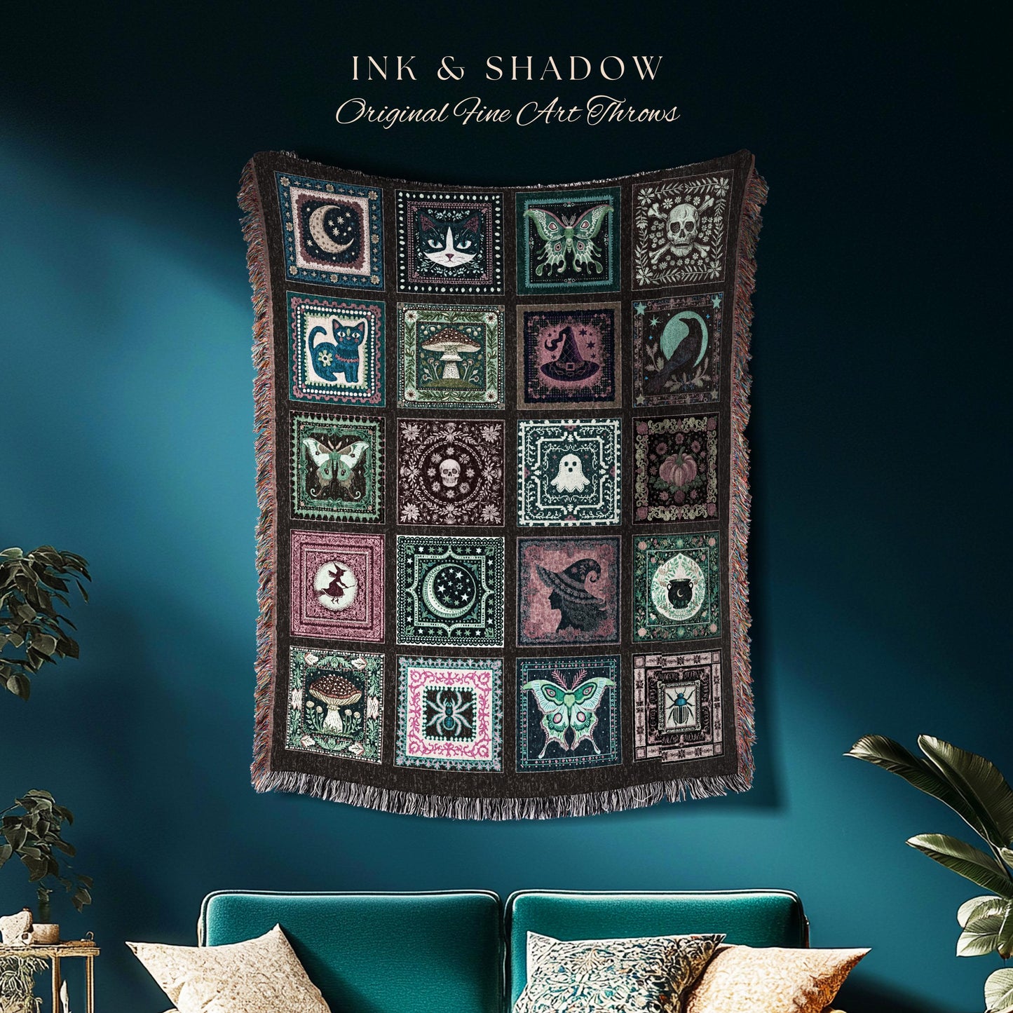 Mystic Maximalist Dark Gothic Throw Blanket | Whimsical Woven Tapestry Spooky Halloween Dark Academia Grunge Fairycore Cute Witch Aesthetic