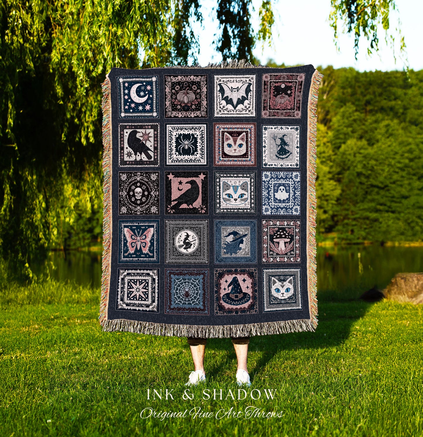 Pastel Crowcore Cute Halloween Throw Blanket | Cozy Witchy Bedroom Accent Grunge Fairycore Decor Spooky Cat Lover Gift Woven Wall Tapestry |