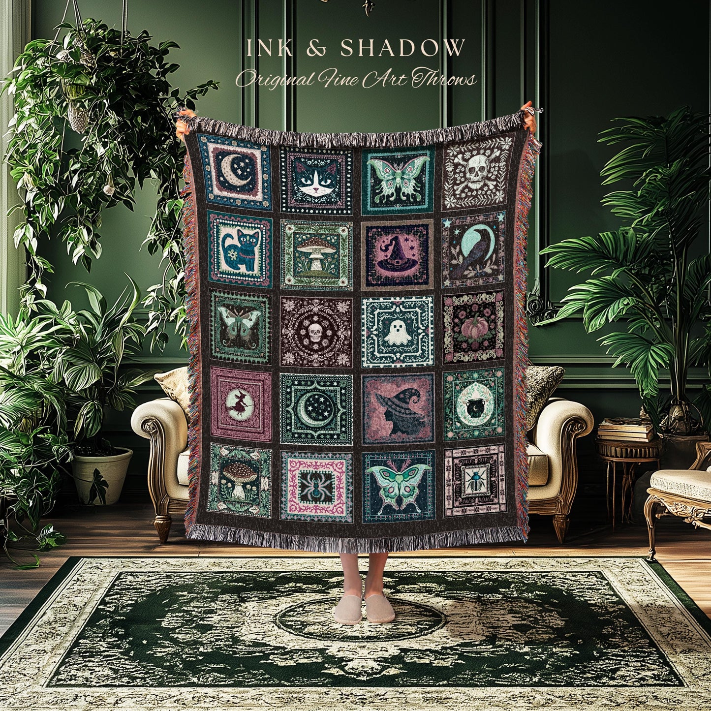 Mystic Maximalist Dark Gothic Throw Blanket | Whimsical Woven Tapestry Spooky Halloween Dark Academia Grunge Fairycore Cute Witch Aesthetic