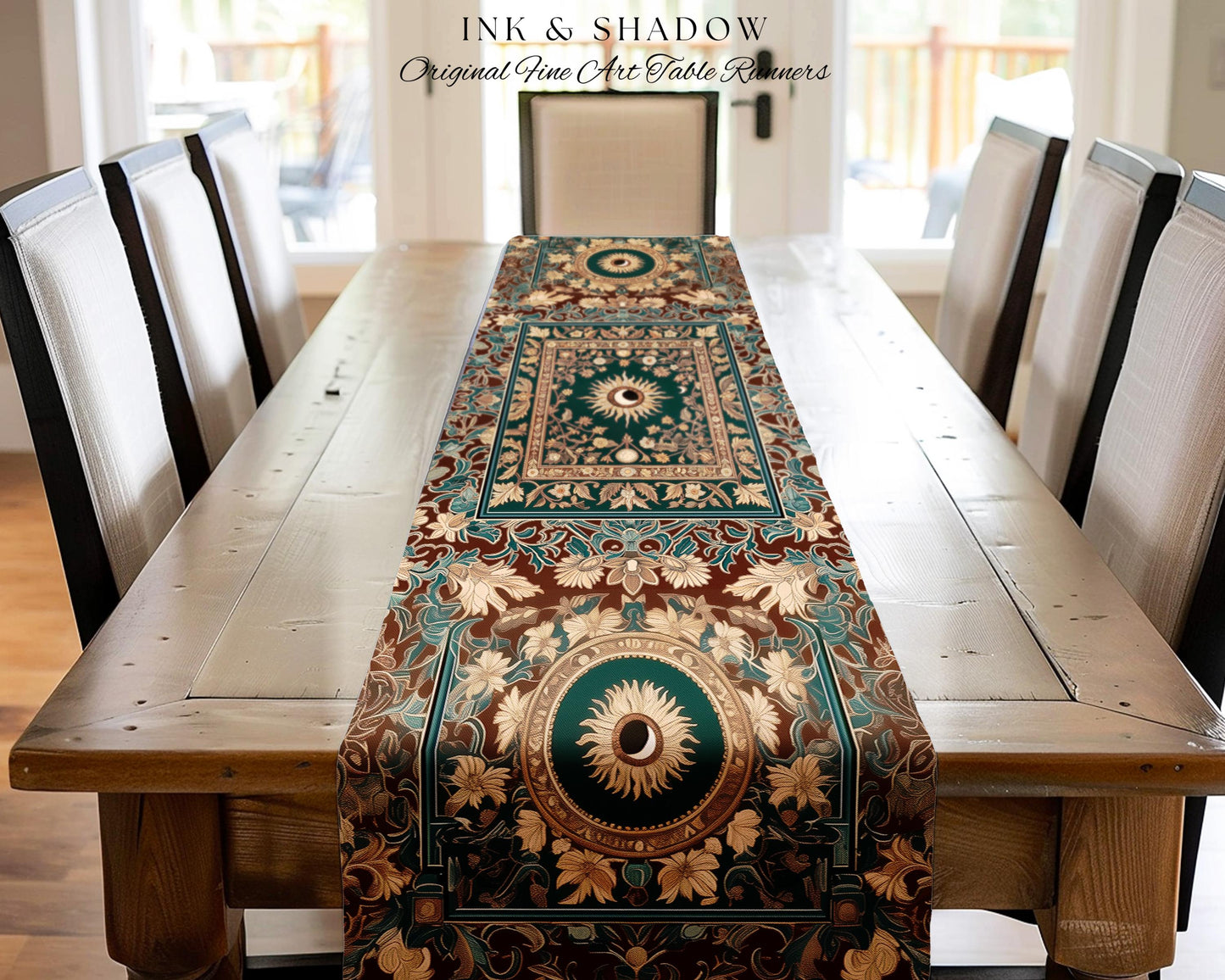 Moon and Sun Ethereal Bohemian Table Runner | Celestial Tarot Aesthetic Zodiac Inspired Runner Floral Maximalist Dinner Table Ethereal Style