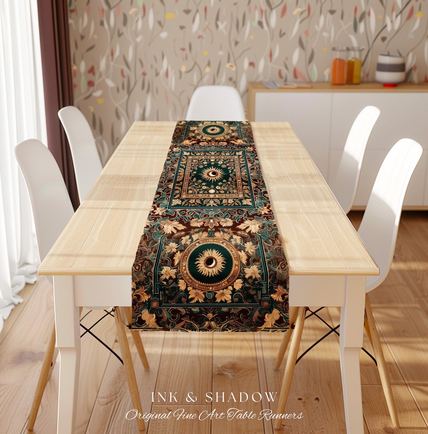 Moon and Sun Ethereal Bohemian Table Runner | Celestial Tarot Aesthetic Zodiac Inspired Runner Floral Maximalist Dinner Table Ethereal Style
