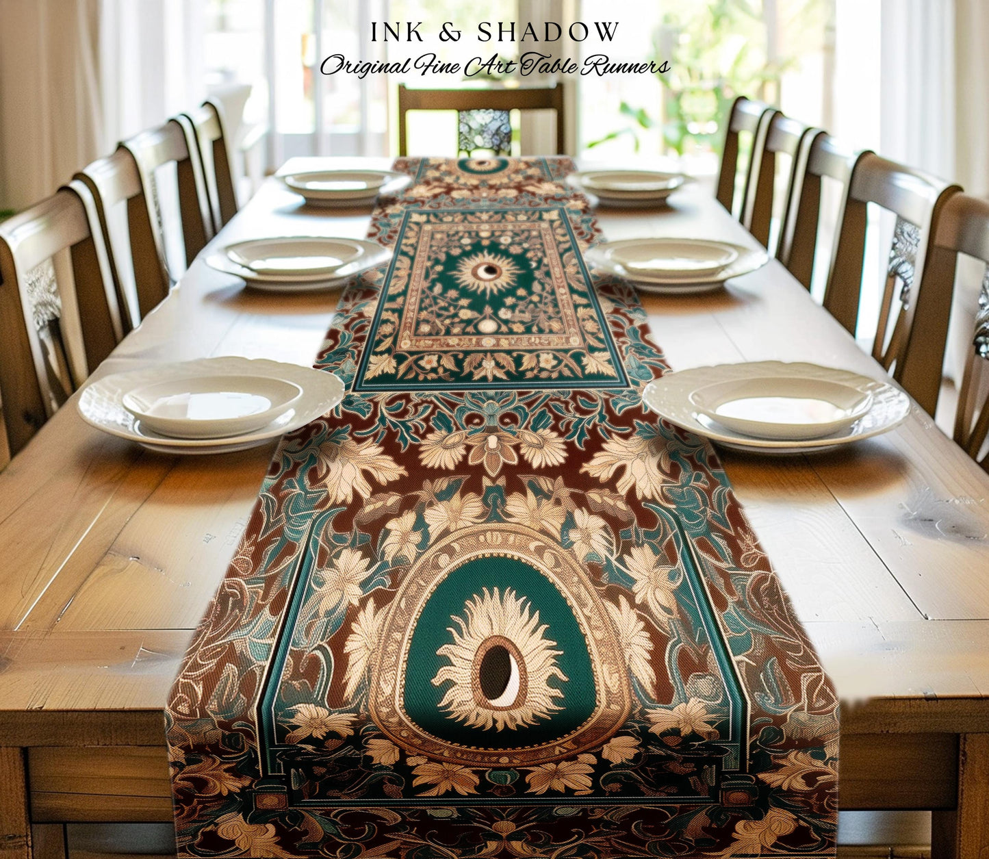 Moon and Sun Ethereal Bohemian Table Runner | Celestial Tarot Aesthetic Zodiac Inspired Runner Floral Maximalist Dinner Table Ethereal Style