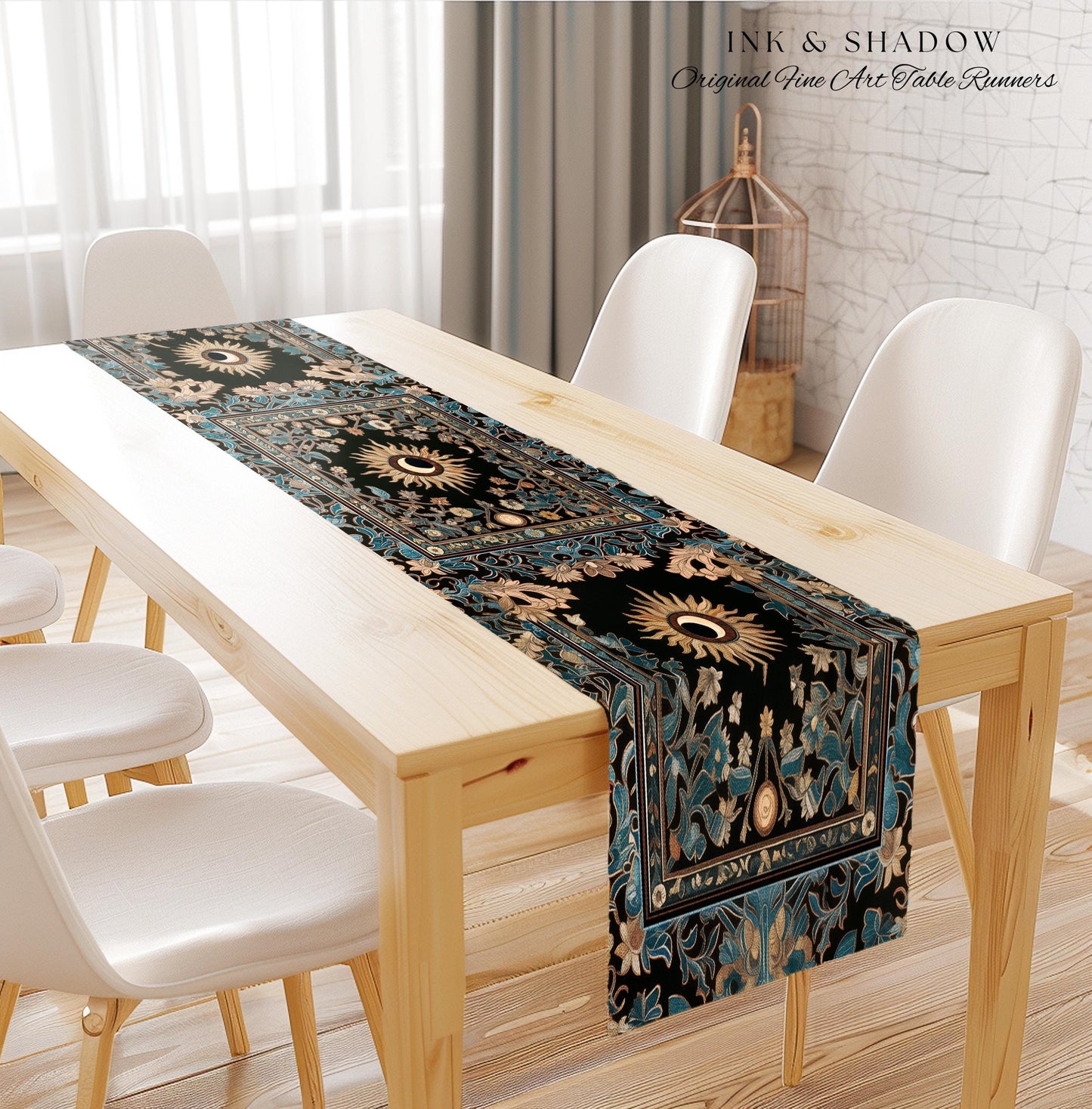 Mystic Moon Dark Academia Table Runner | Celestial Tarot Inspired Gothic Maximalist Dining Table Runner Whimsical Astrology Ethereal Witchy