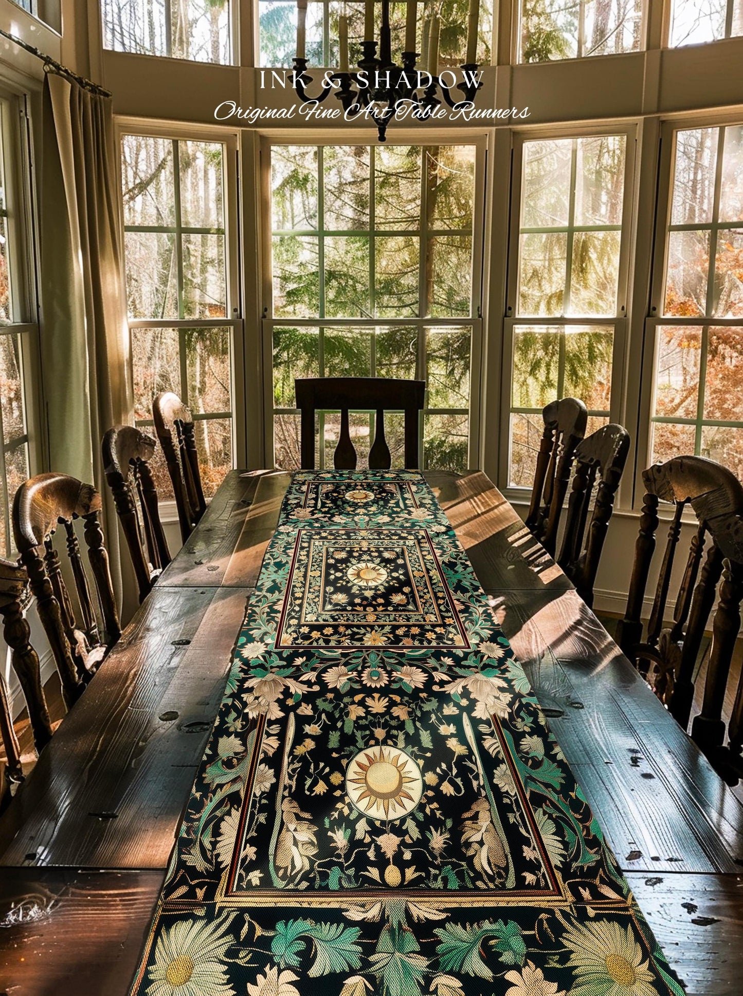 Witchy Sun Dark Academia Table Runner | Bohemian Rustic Whimsical Gothic Maximalist Dining Table Whimsical Celestial Astrology Aesthetic |