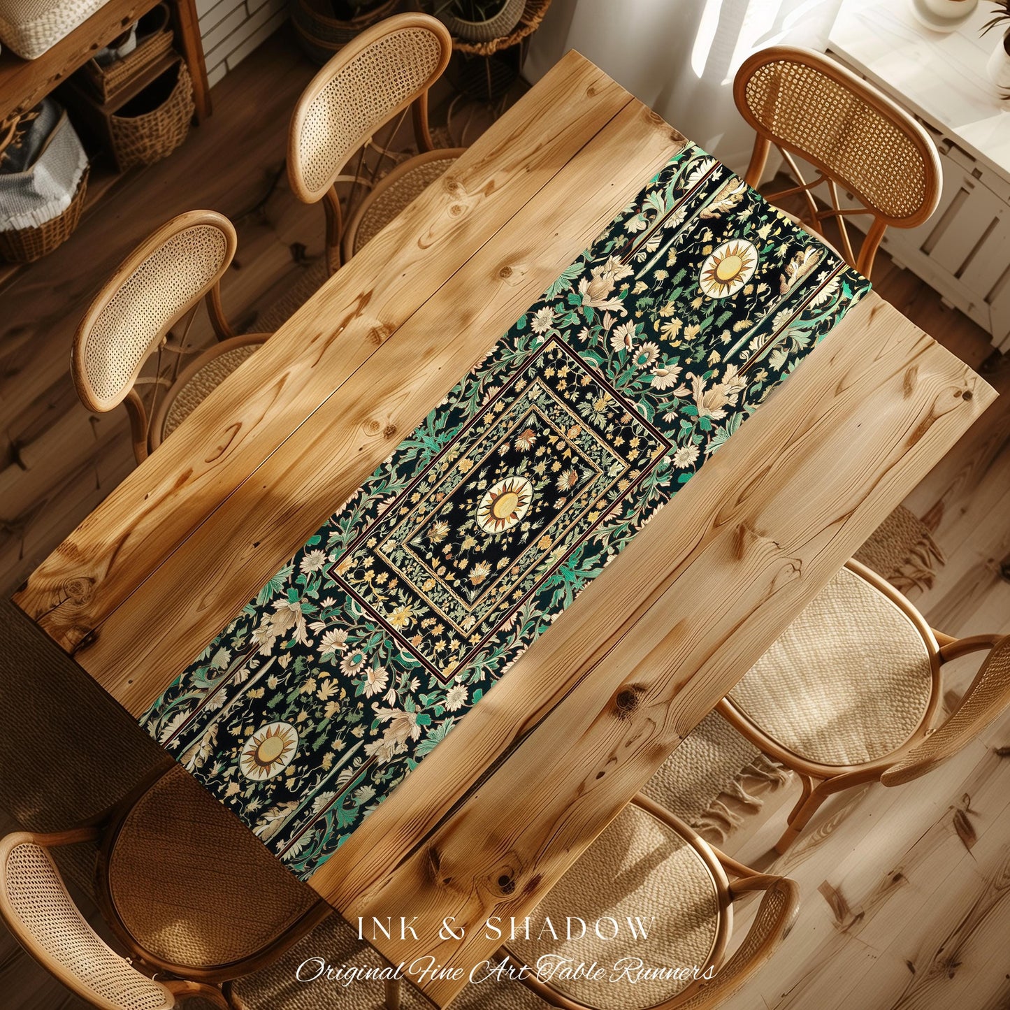 Witchy Sun Dark Academia Table Runner | Bohemian Rustic Whimsical Gothic Maximalist Dining Table Whimsical Celestial Astrology Aesthetic |