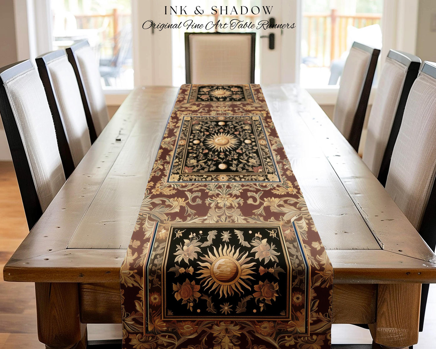 Dark Skies Celestial Table Runner | Enchanted Celestial Witchy Astrology Boho Maximalist Decor Sun and Moon Tarot Inspired Dining Room Table
