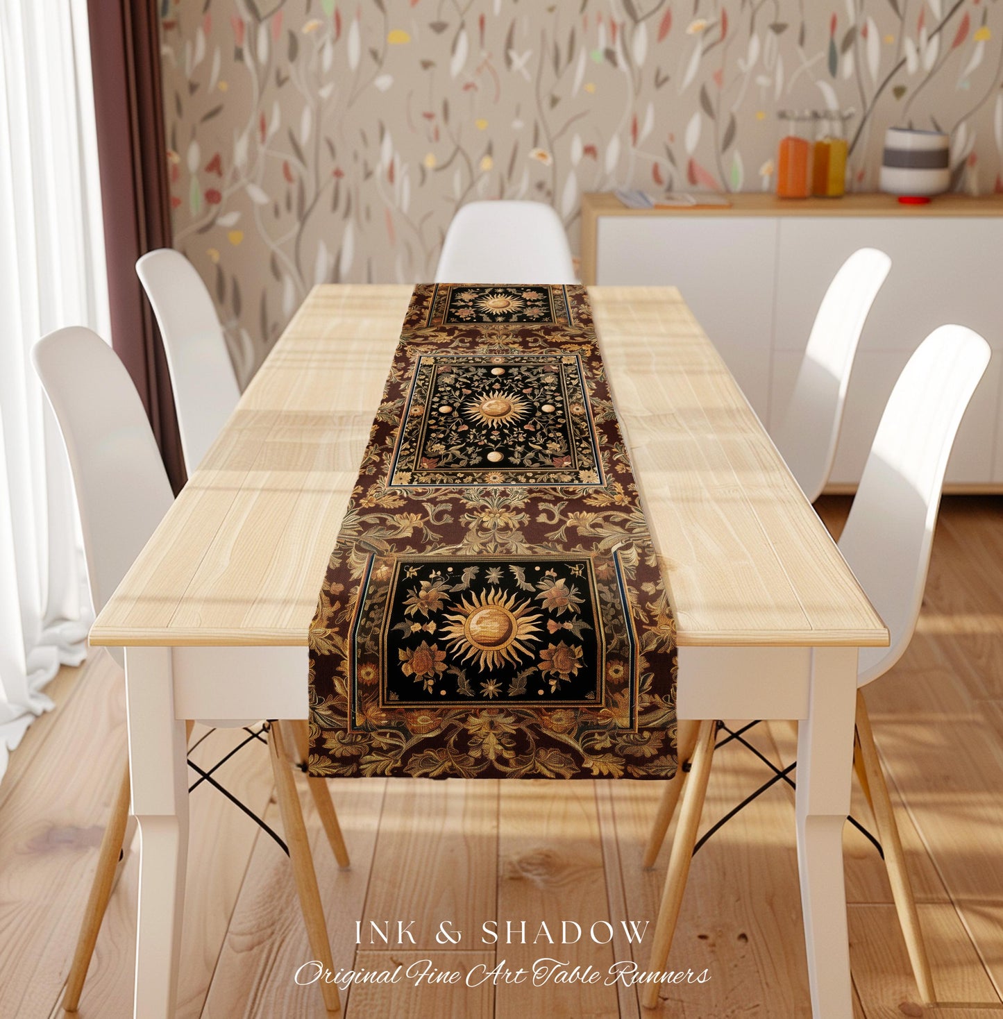 Dark Skies Celestial Table Runner | Enchanted Celestial Witchy Astrology Boho Maximalist Decor Sun and Moon Tarot Inspired Dining Room Table