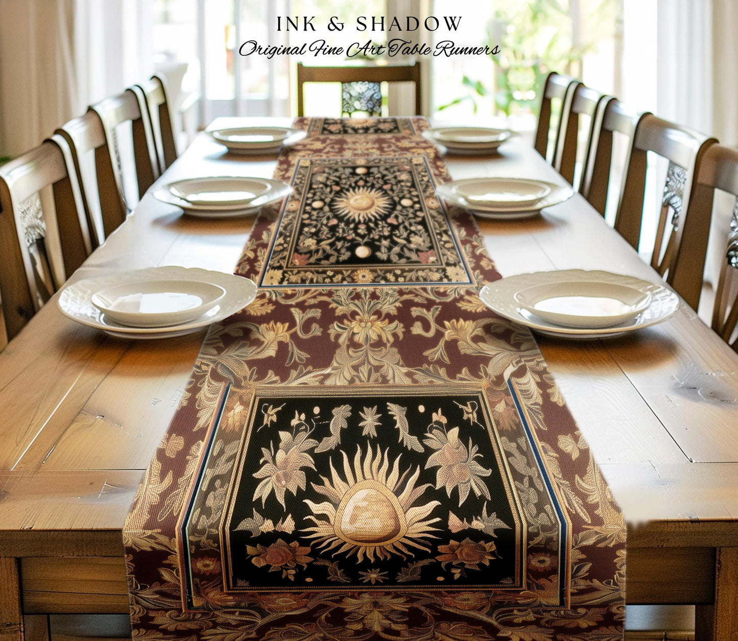 Dark Skies Celestial Table Runner | Enchanted Celestial Witchy Astrology Boho Maximalist Decor Sun and Moon Tarot Inspired Dining Room Table