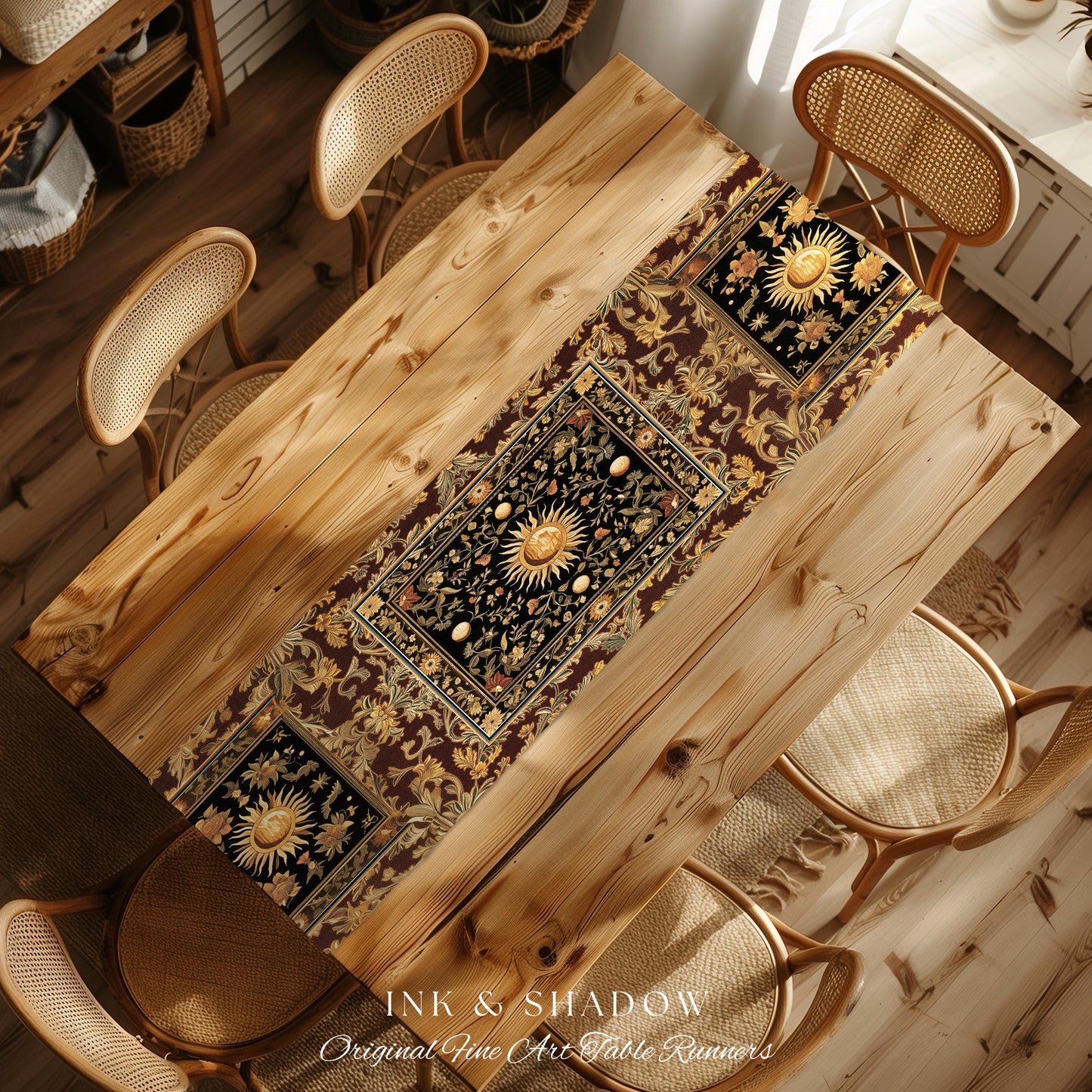 Dark Skies Celestial Table Runner | Enchanted Celestial Witchy Astrology Boho Maximalist Decor Sun and Moon Tarot Inspired Dining Room Table