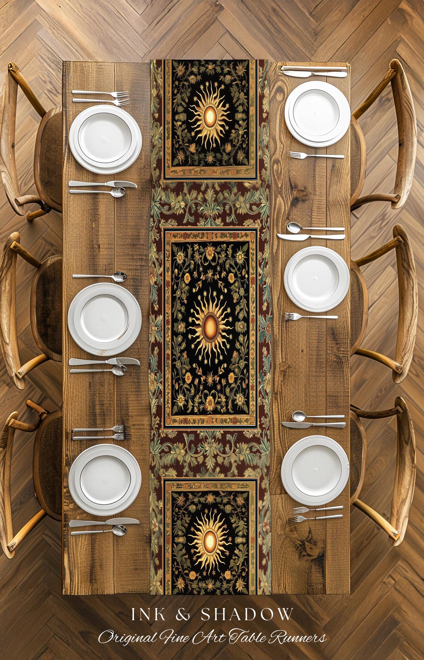 Ethereal Energy Celestial Table Runner | Mystic Boho Maximalist Astrology Inspired Witchy Sun & Moon Gothic Dining Room Decor Enchanted |