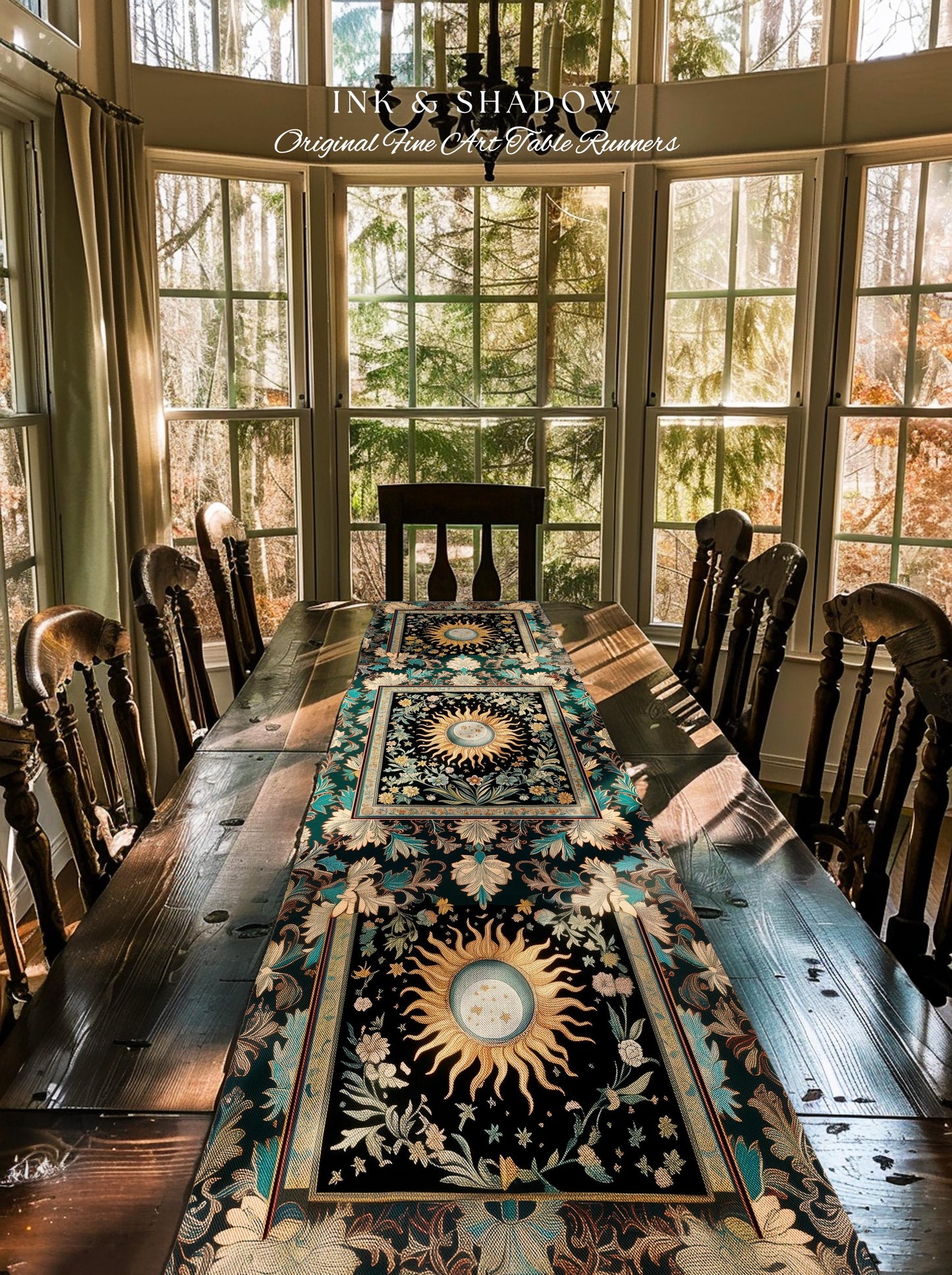 Enchanted Zodiac Mystic Table Runner | Celestial Gothic Tarot Inspired Dining Room Astrology Bohemian Sun and Moon Witchy Maximalist Dreamy