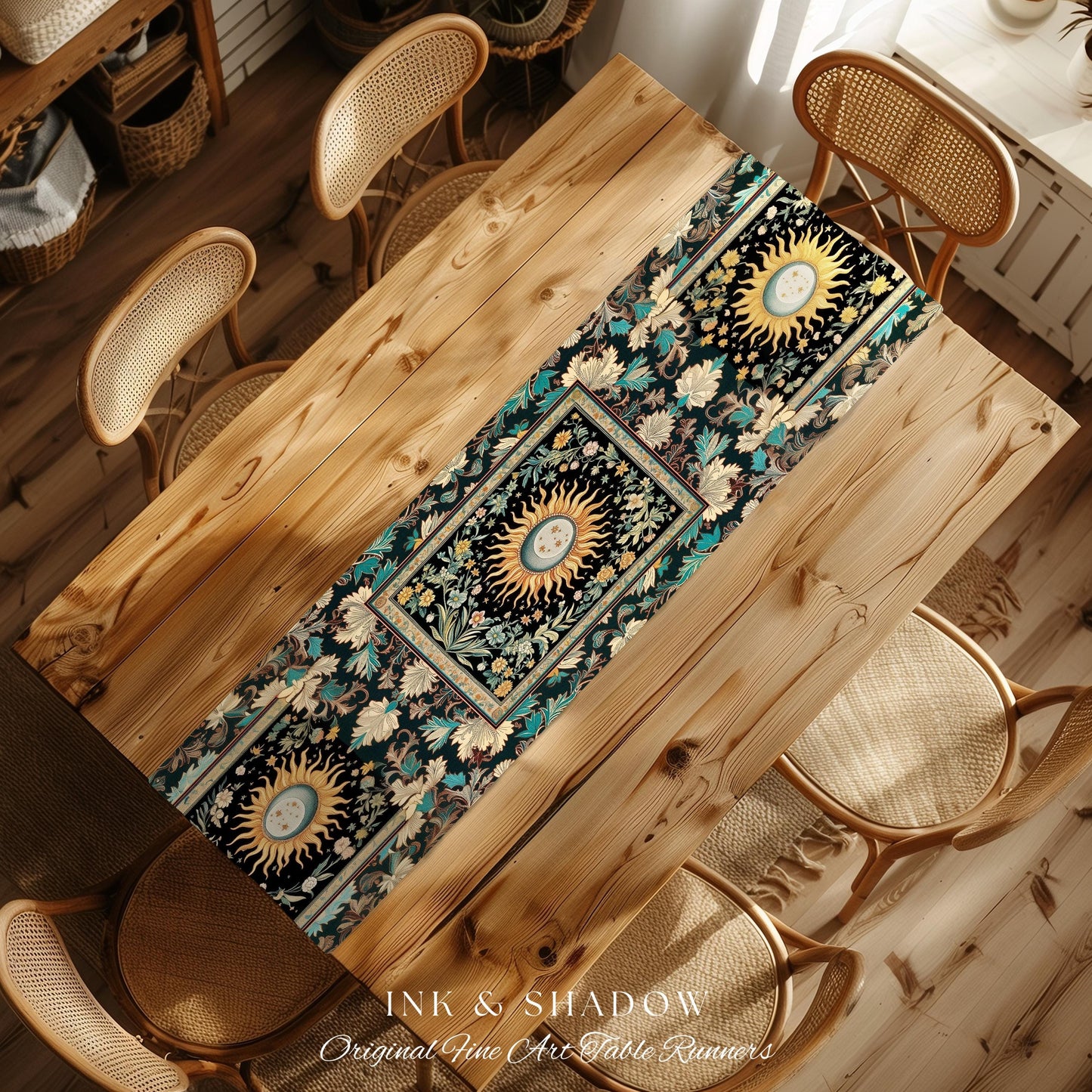 Enchanted Zodiac Mystic Table Runner | Celestial Gothic Tarot Inspired Dining Room Astrology Bohemian Sun and Moon Witchy Maximalist Dreamy