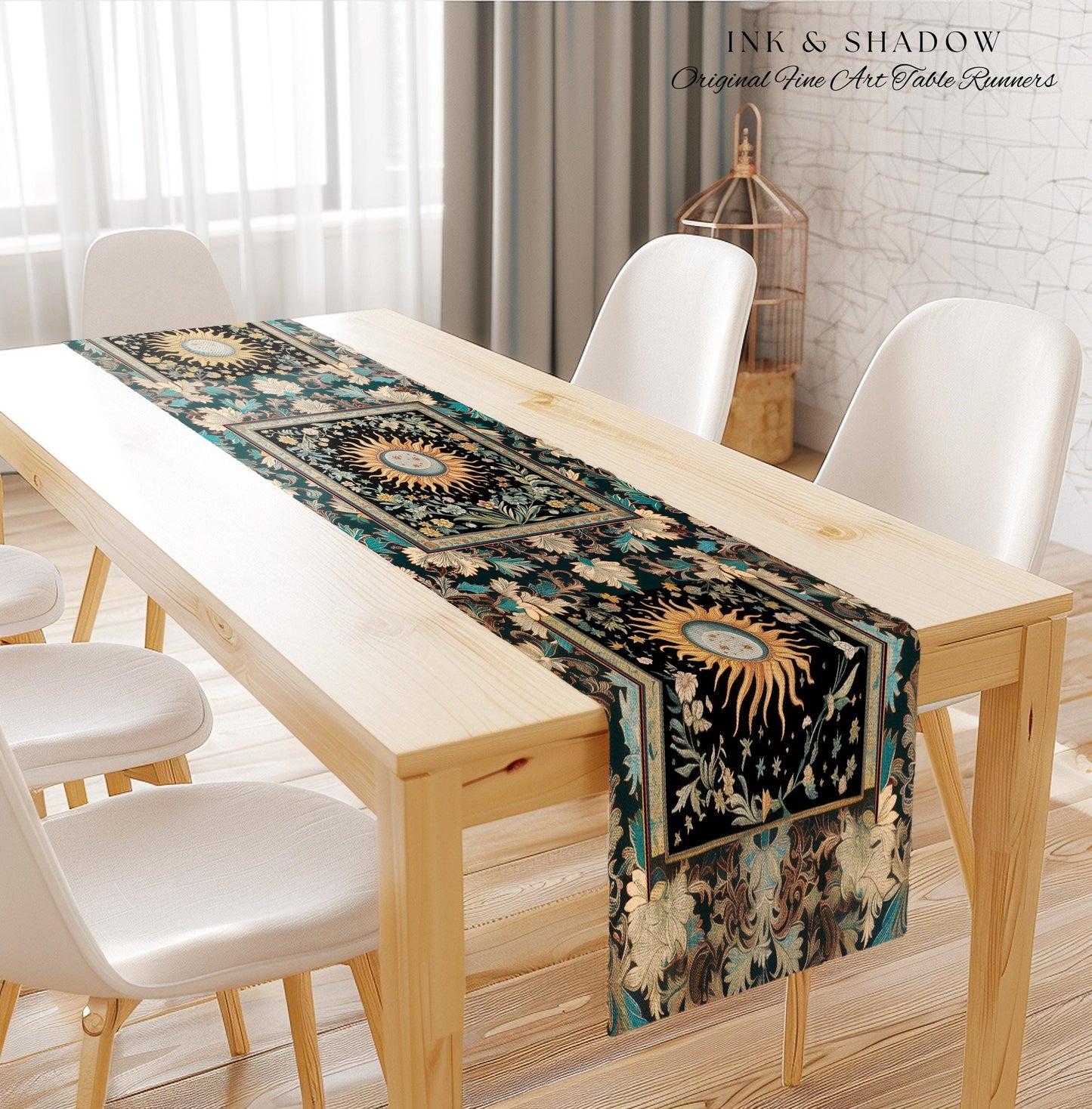 Enchanted Zodiac Mystic Table Runner | Celestial Gothic Tarot Inspired Dining Room Astrology Bohemian Sun and Moon Witchy Maximalist Dreamy