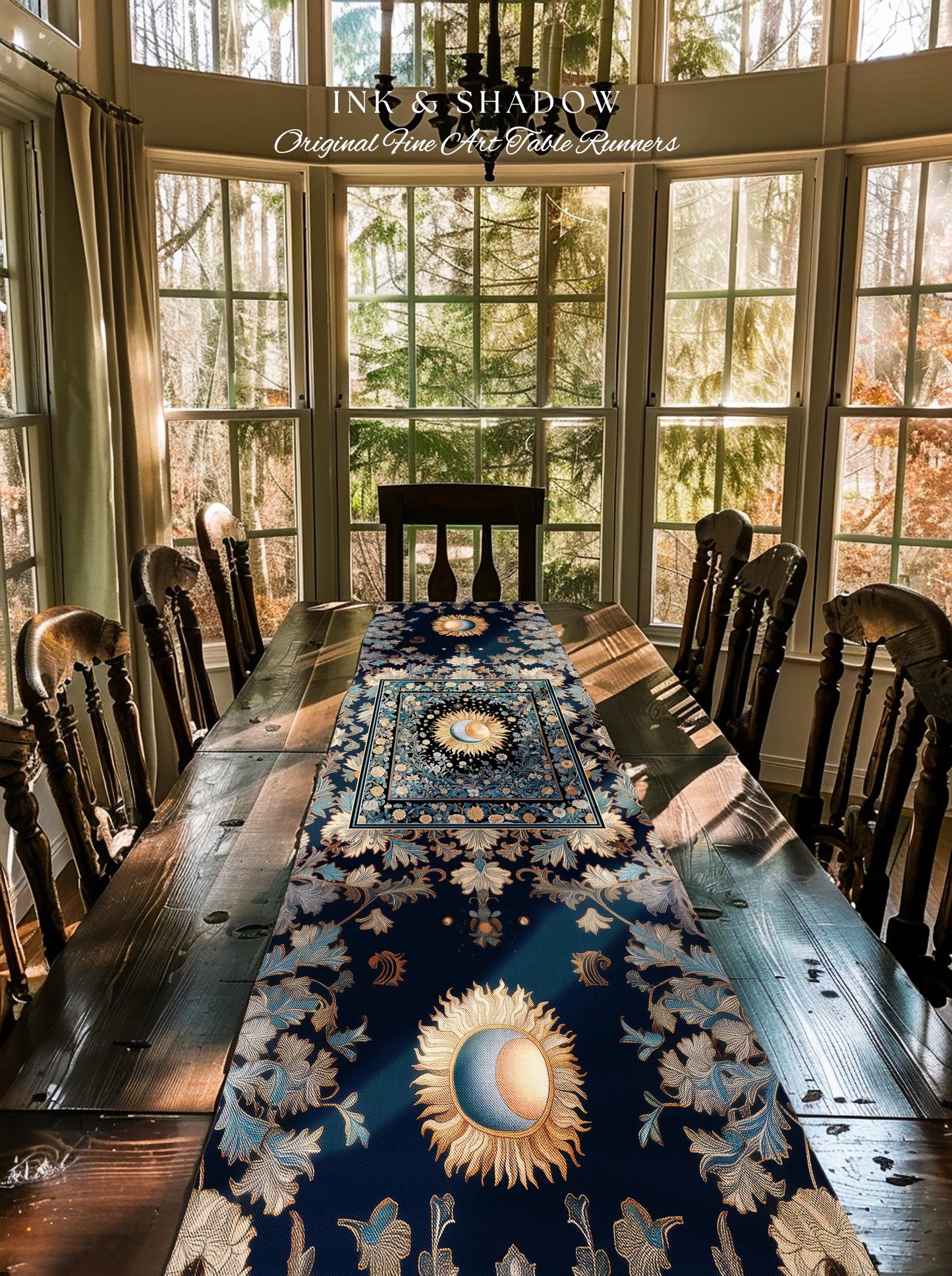 Lunar Energy Peaceful Table Runner | Gothic Bohemian Astrology Mystic Whimsical Sun & Moon Maximalist Witchy Tarot Celestial Dining Room |