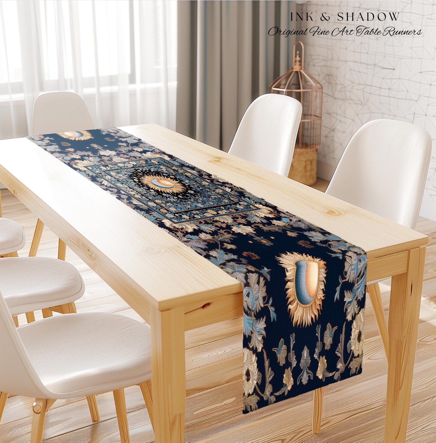 Lunar Energy Peaceful Table Runner | Gothic Bohemian Astrology Mystic Whimsical Sun & Moon Maximalist Witchy Tarot Celestial Dining Room |