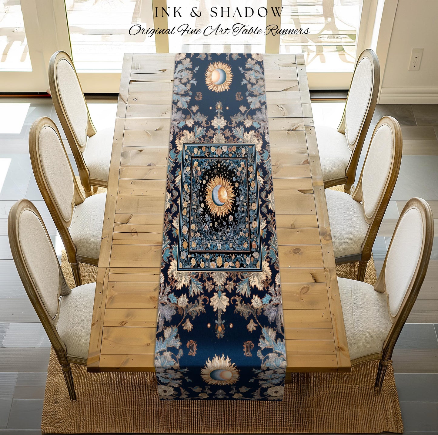 Lunar Energy Peaceful Table Runner | Gothic Bohemian Astrology Mystic Whimsical Sun & Moon Maximalist Witchy Tarot Celestial Dining Room |