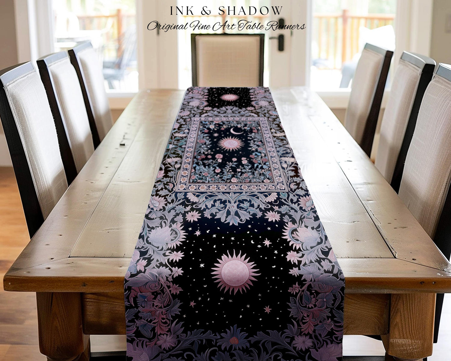 Midnight Lavender Celestial Table Runner | Witchy Pastel Tarot-Inspired Dining Room Bohemian Sun and Moon Maximalist Astrology Purple Decor